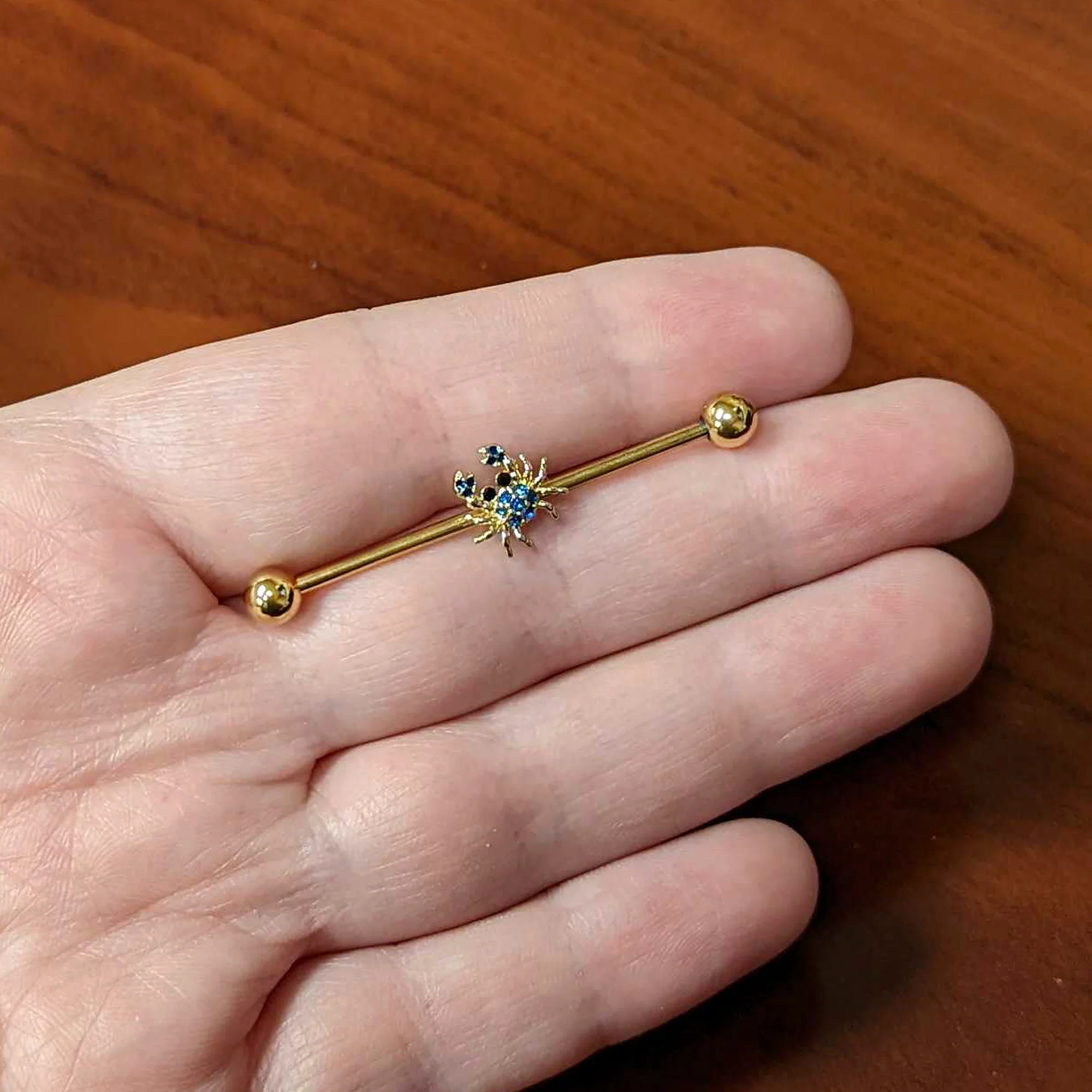 14G Blue Gem Gold Tone Blue Crab Nautical Industrial Barbell 38mm - Image 3