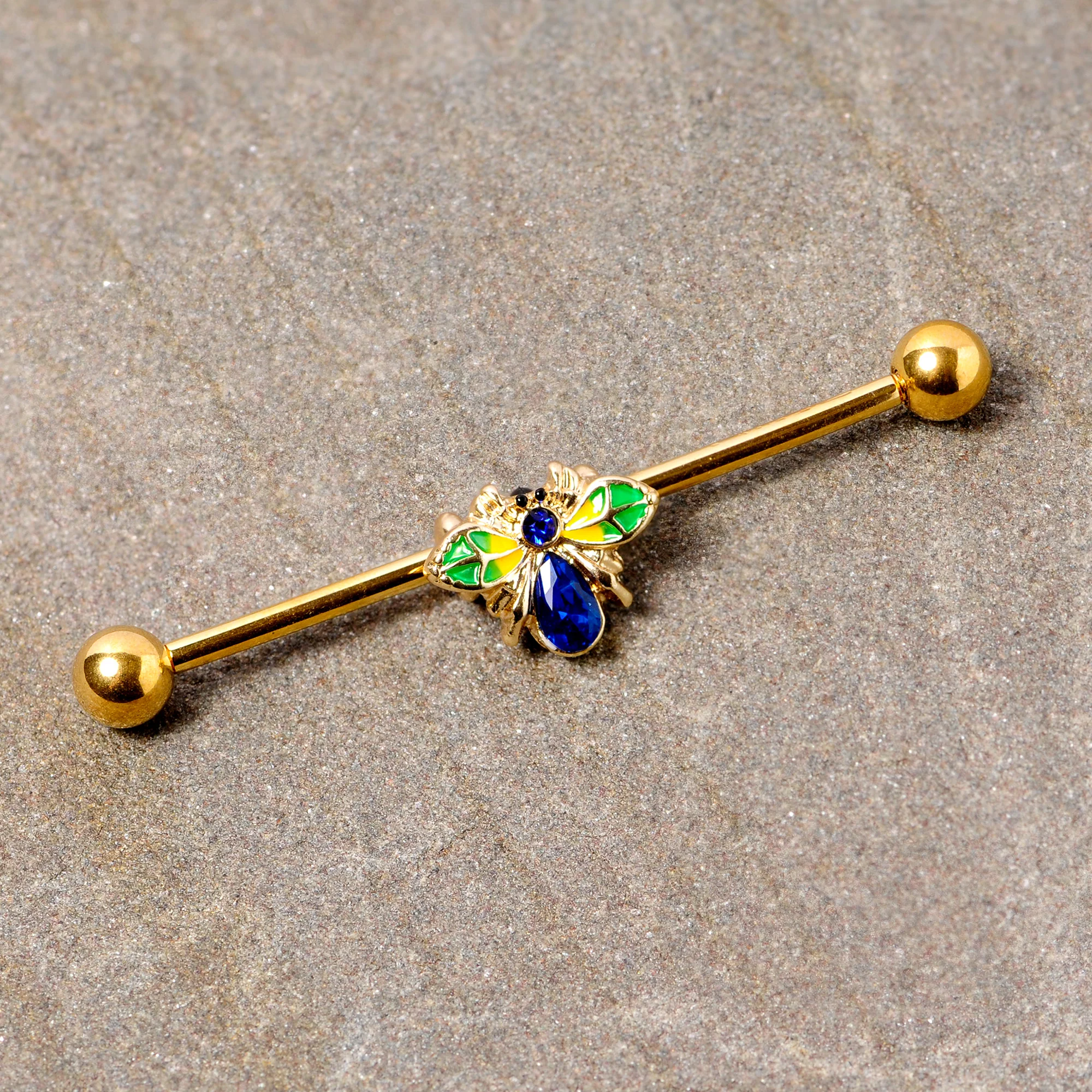 14G Blue Gem Gold Tone Colorful Bee Industrial Barbell 38mm - Image 2