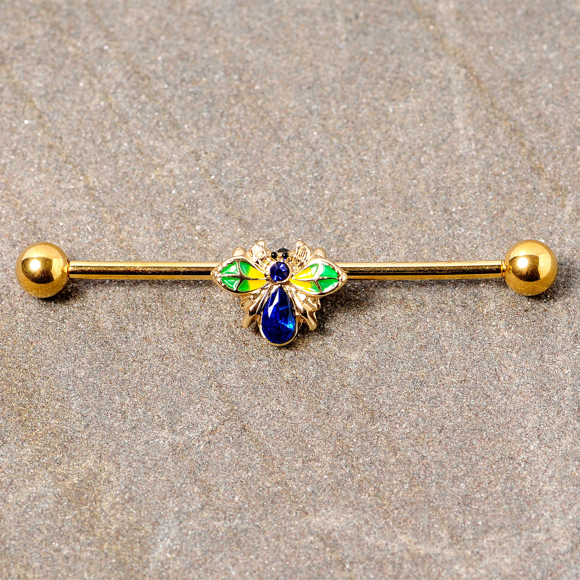14G Blue Gem Gold Tone Colorful Bee Industrial Barbell 38mm - Image 3