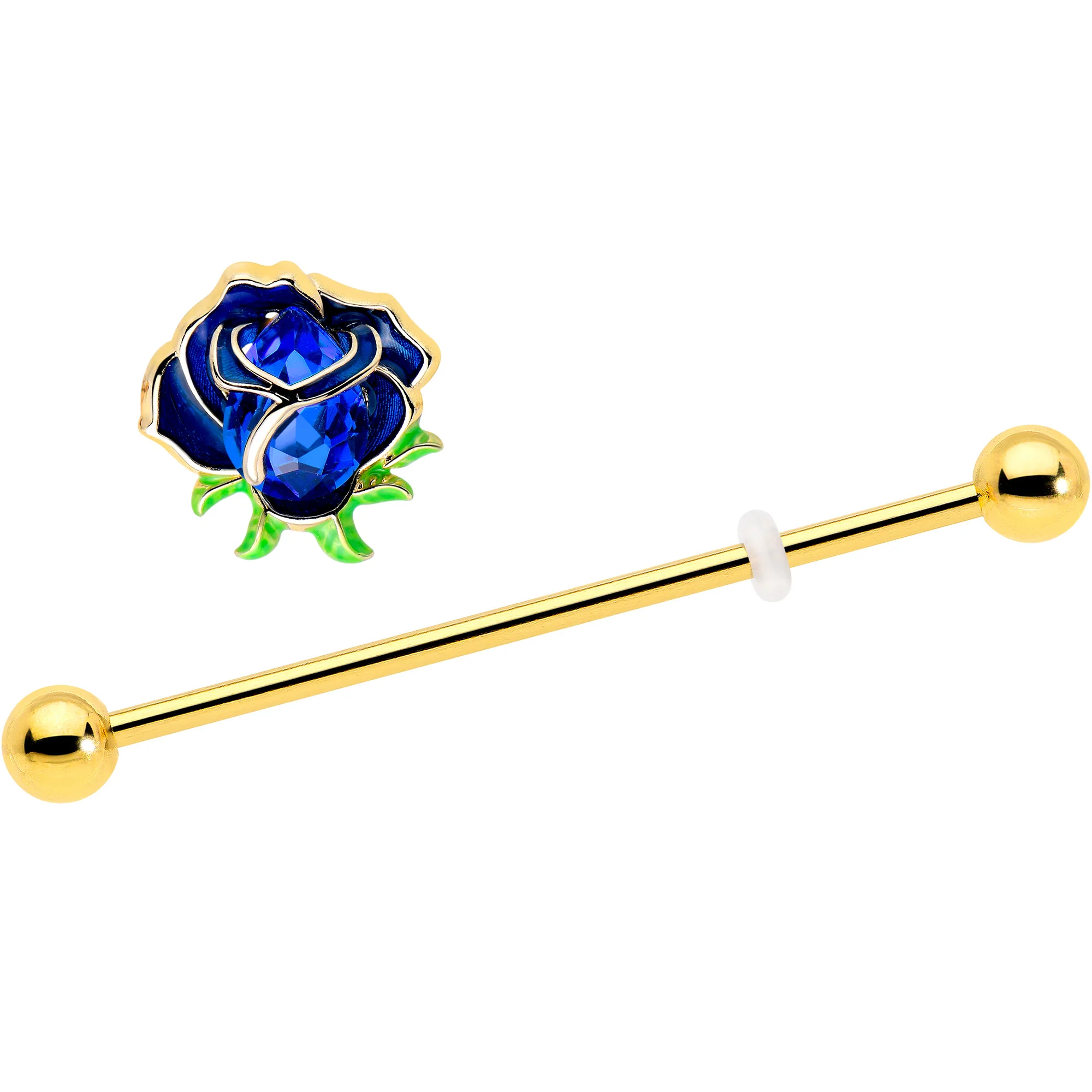 14G Blue Gem Gold Tone Deep Blue Flower Industrial Barbell 38mm - Image 2