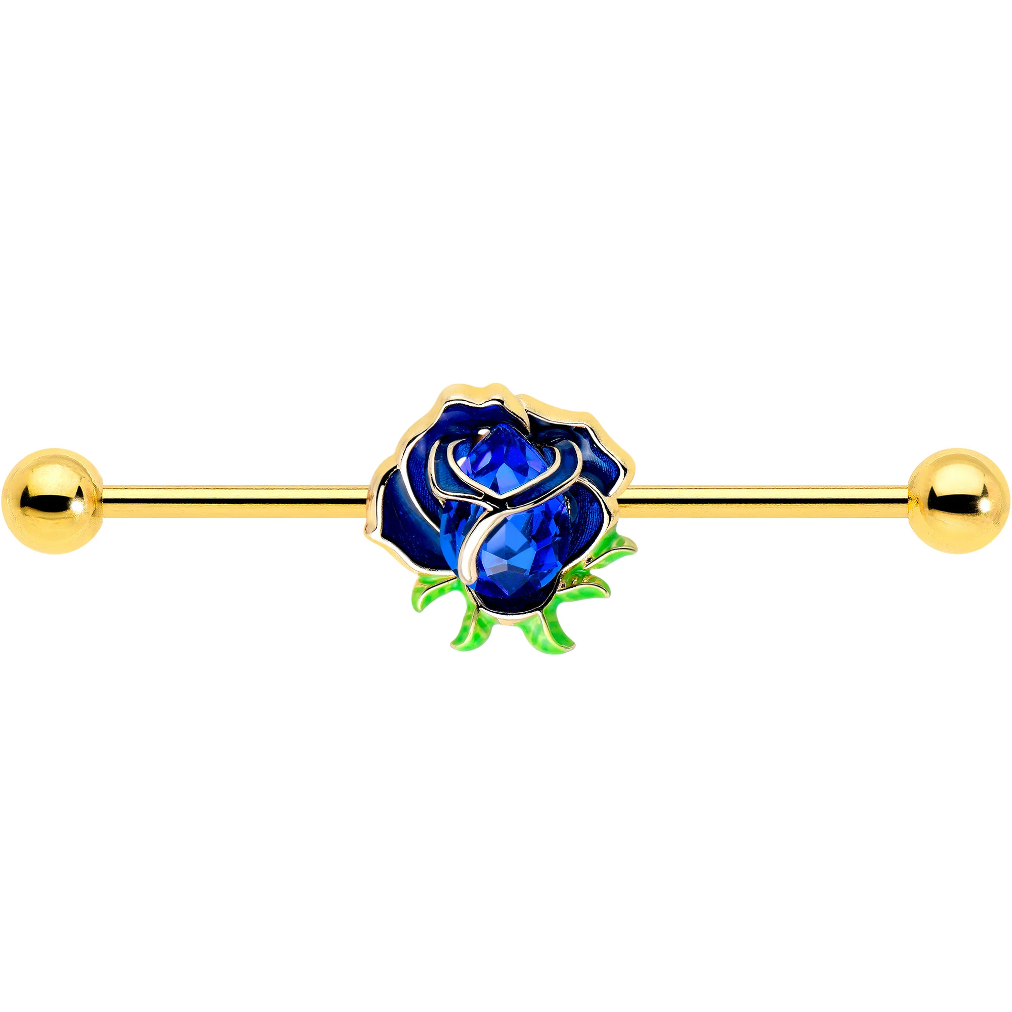14G Blue Gem Gold Tone Deep Blue Flower Industrial Barbell 38mm - Image 3