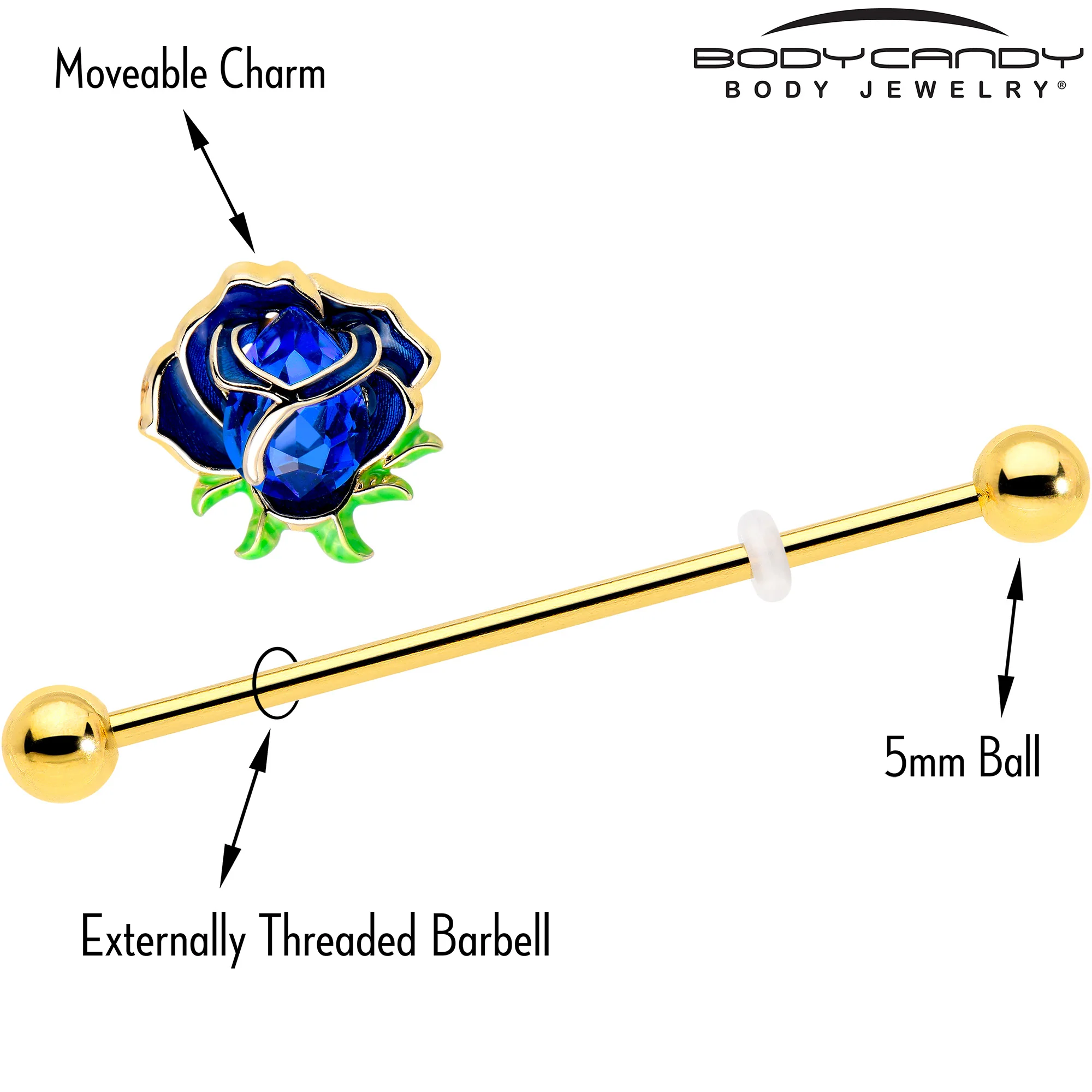 14G Blue Gem Gold Tone Deep Blue Flower Industrial Barbell 38mm - Image 4