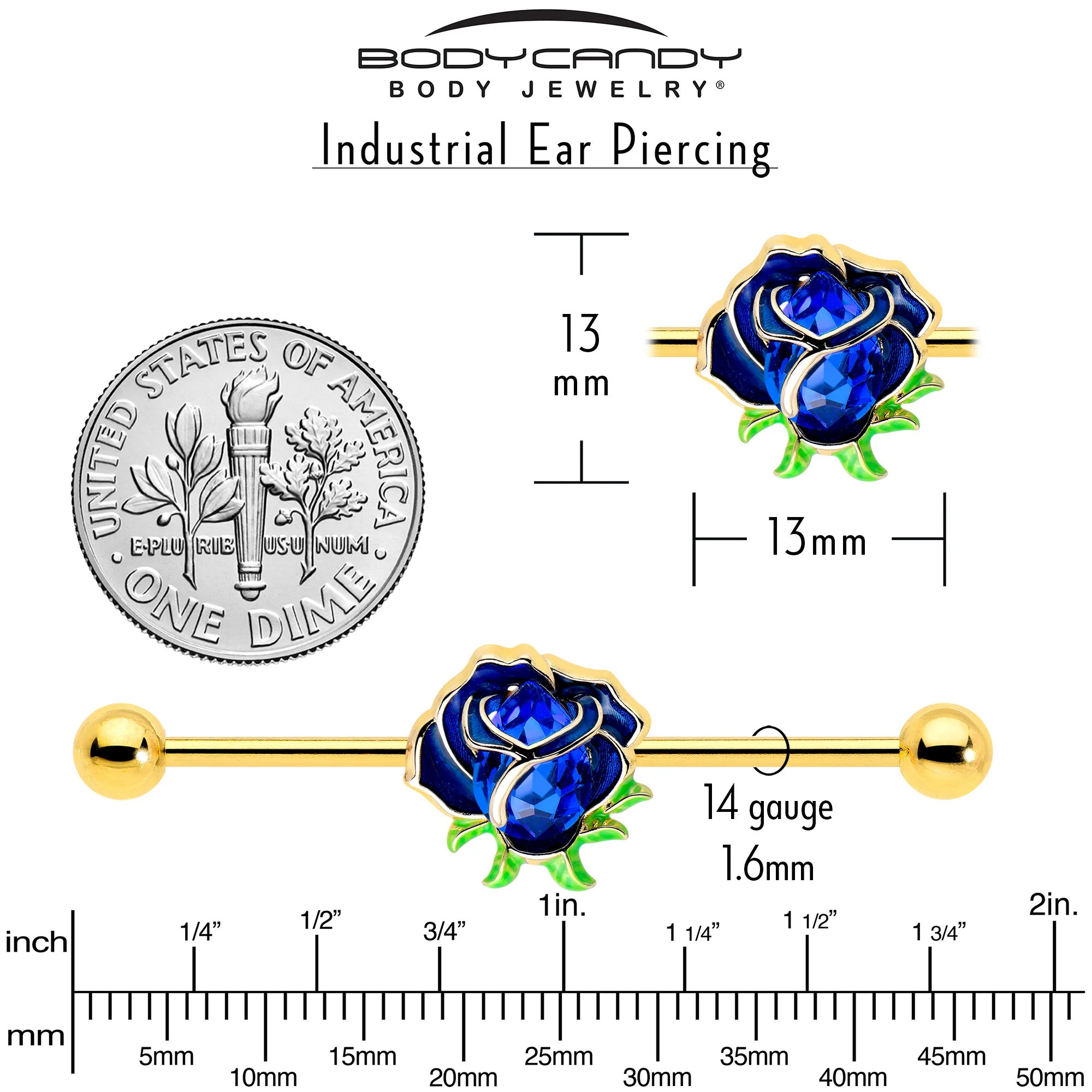 14G Blue Gem Gold Tone Deep Blue Flower Industrial Barbell 38mm - Image 5