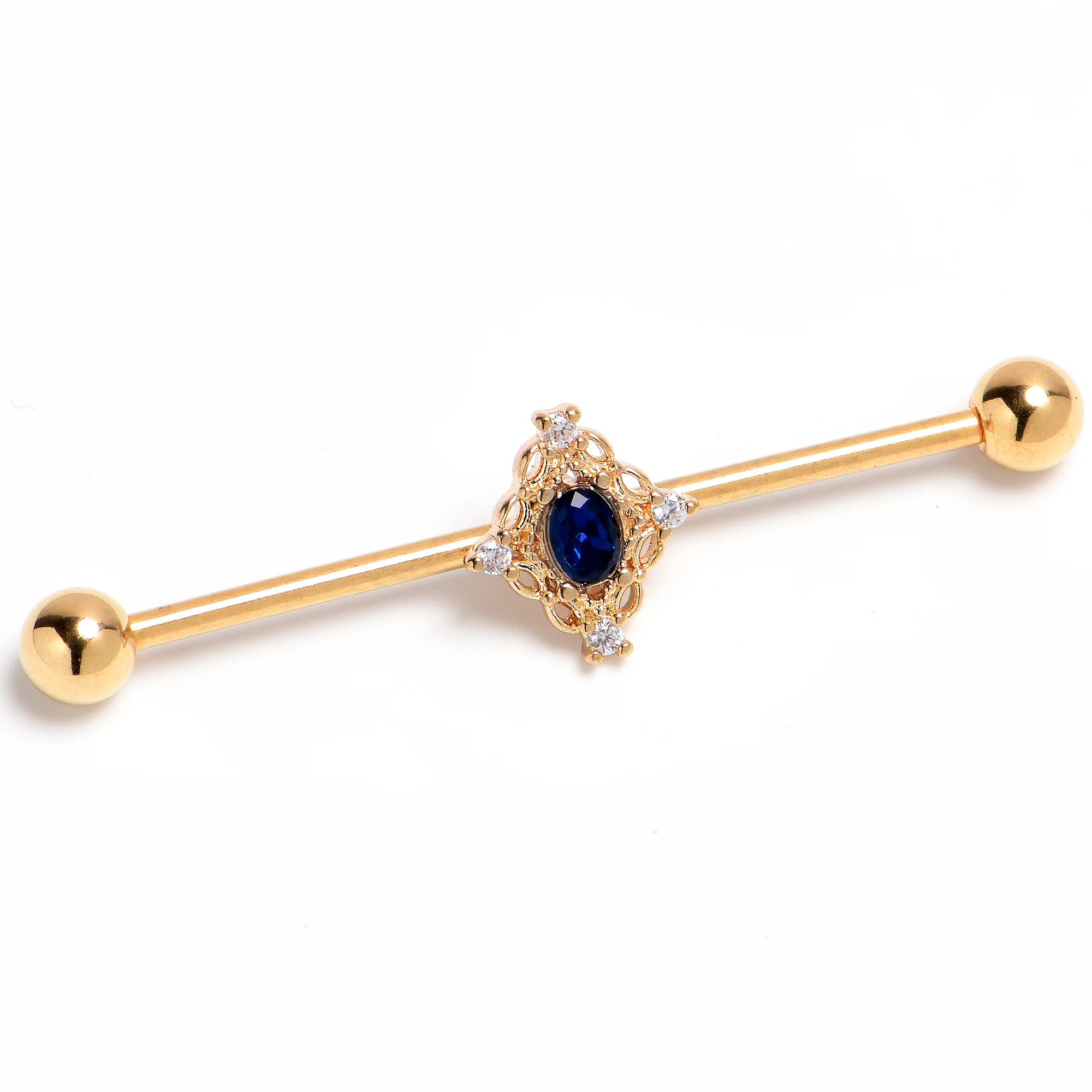 14G Blue Gem Gold Tone Filigree Rhombus Industrial Barbell 38mm