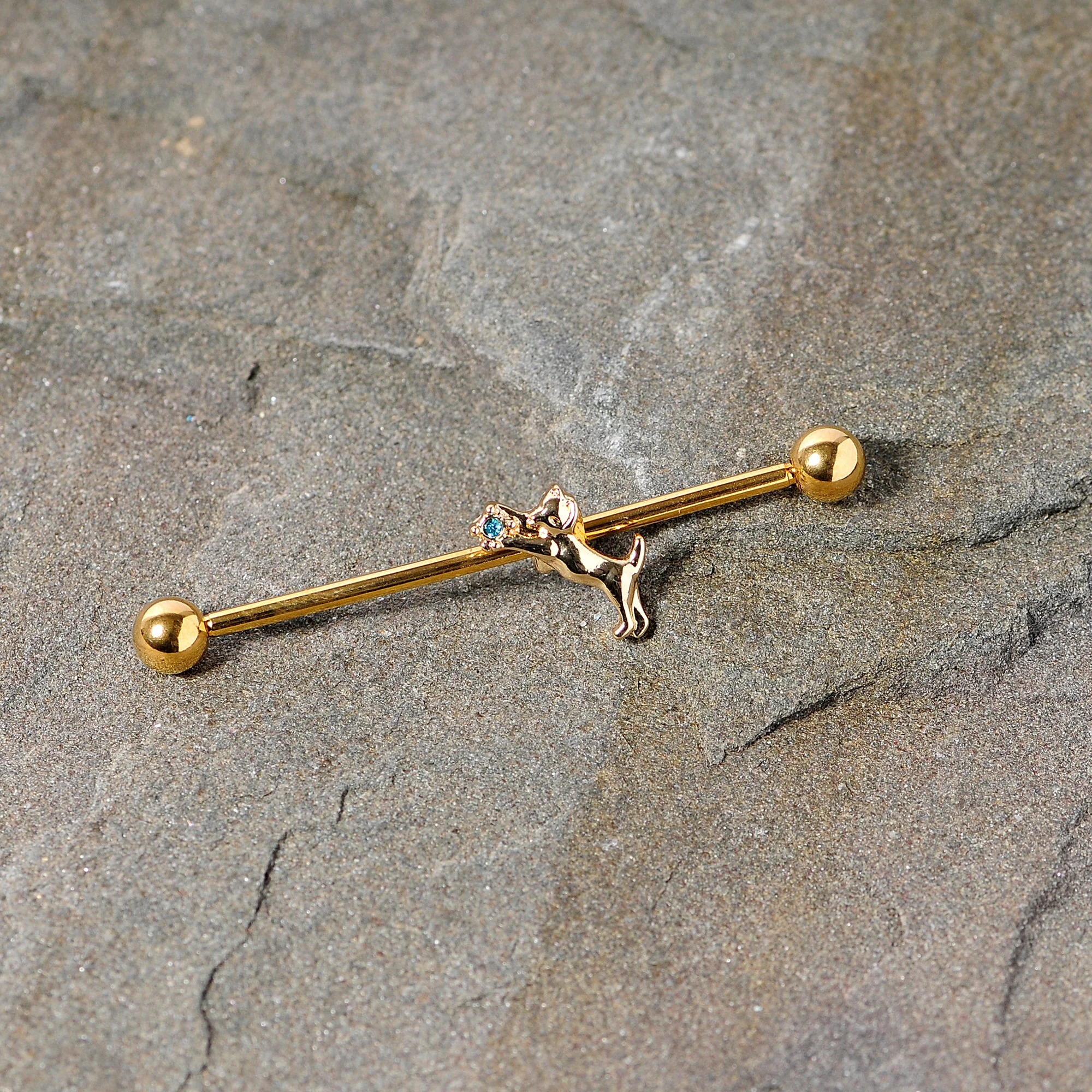 14G Blue Gem Gold Tone Leaping Cat Industrial Barbell 38mm - Image 2