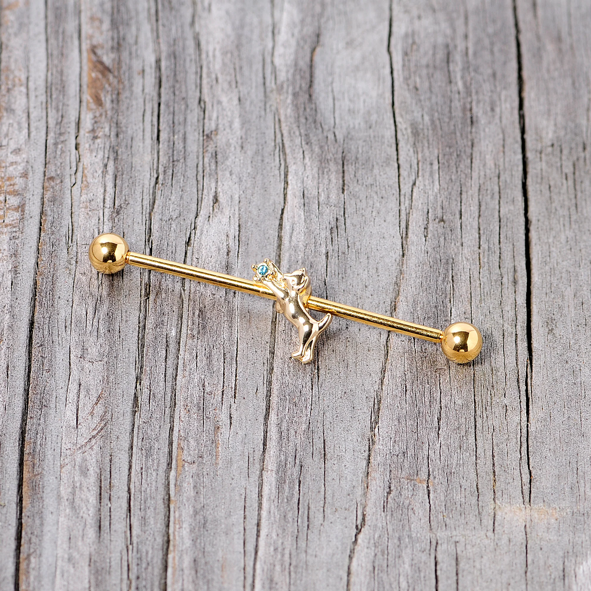 14G Blue Gem Gold Tone Leaping Cat Industrial Barbell 38mm - Image 3