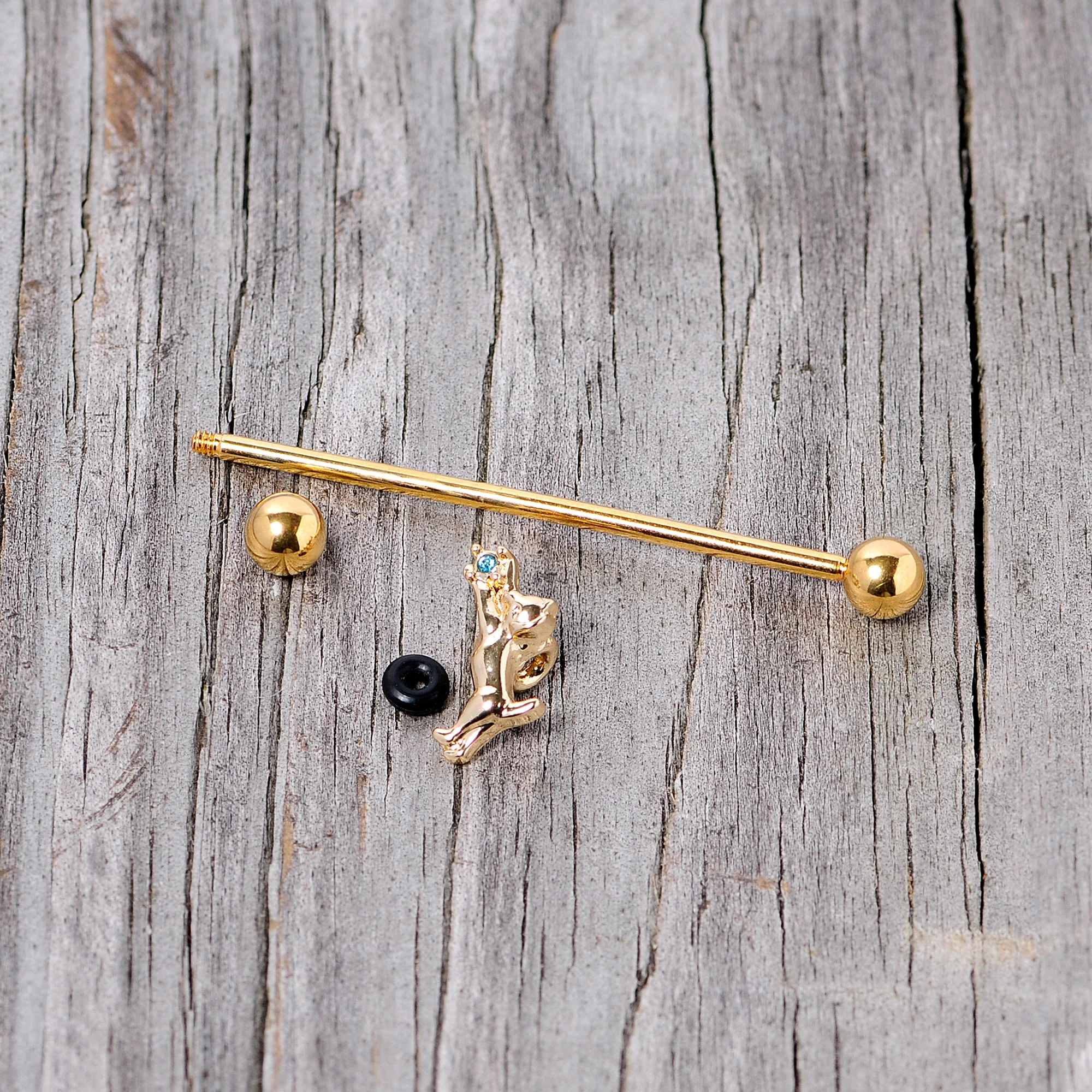 14G Blue Gem Gold Tone Leaping Cat Industrial Barbell 38mm - Image 4
