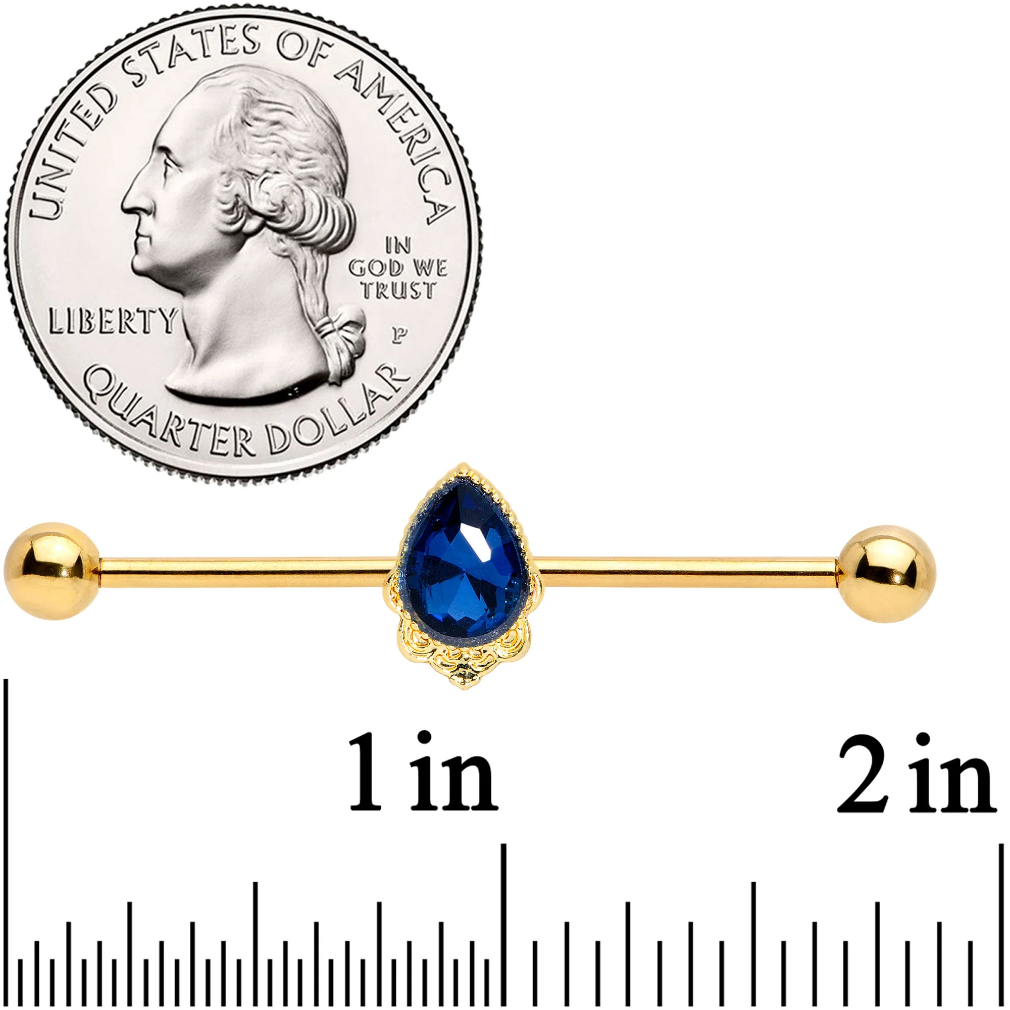 14G Blue Gem Gold Tone Noble Drop Industrial Barbell 38mm - Image 2