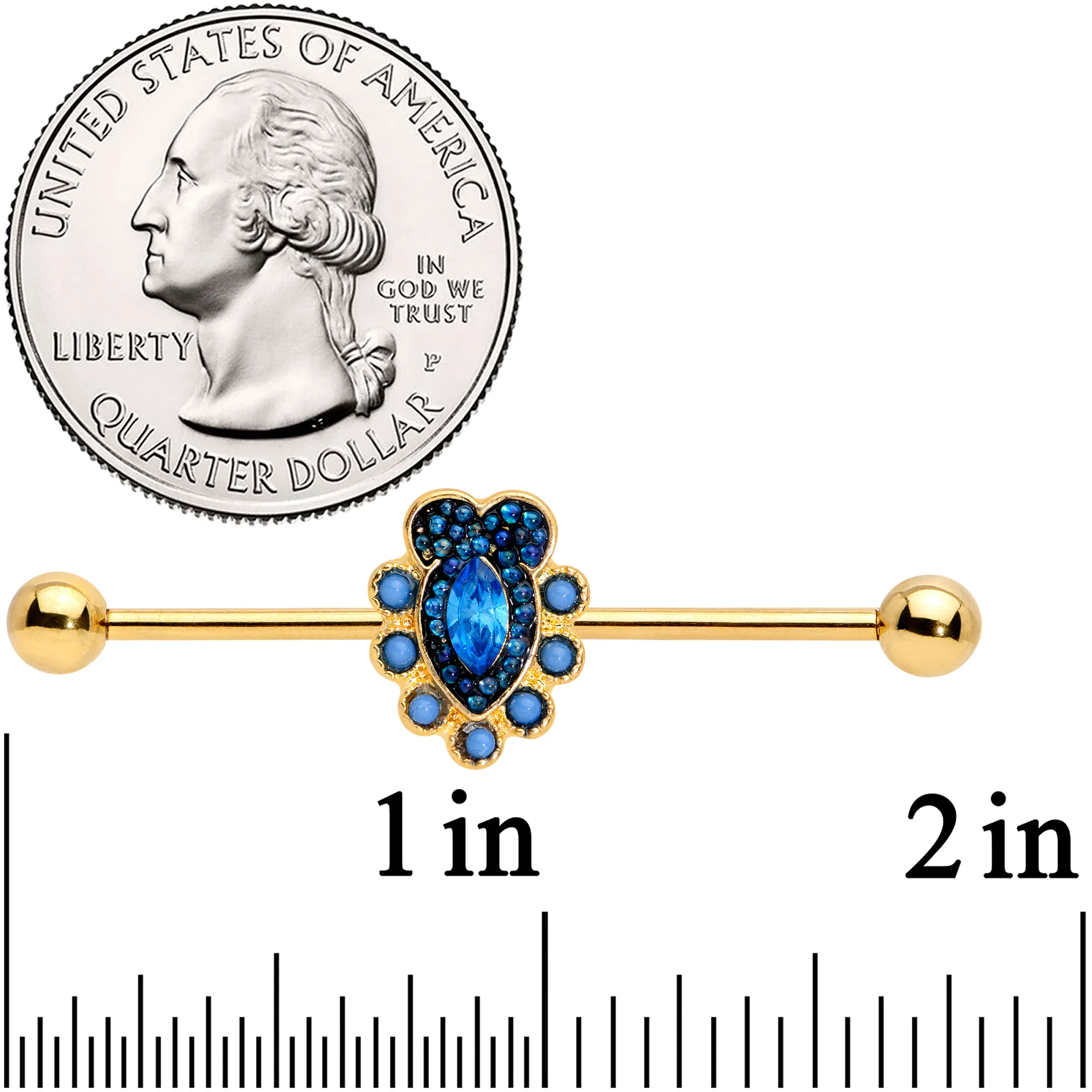 14G Blue Gem Gold Tone Opulent Oval Industrial Barbell 38mm - Image 2