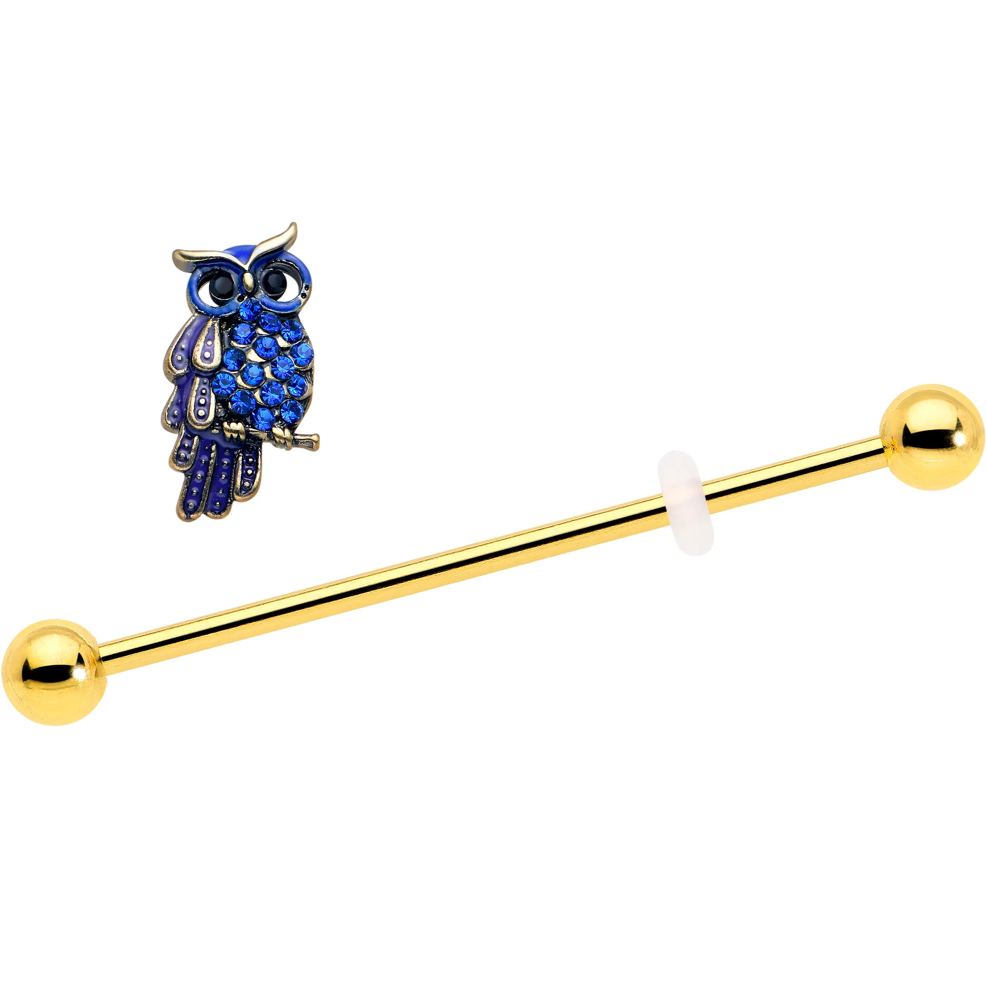 14G Blue Gem Gold Tone Sky Owl Industrial Barbell 38mm - Image 2