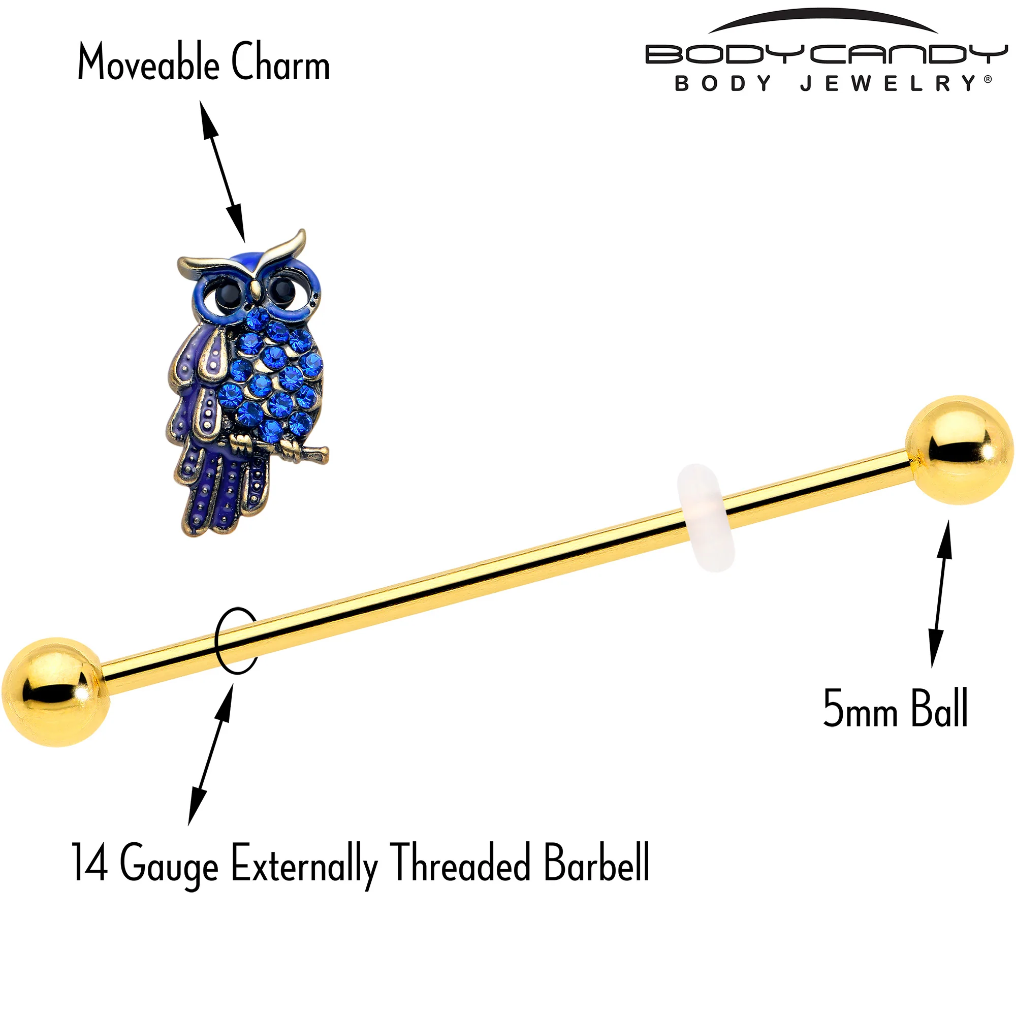 14G Blue Gem Gold Tone Sky Owl Industrial Barbell 38mm - Image 4