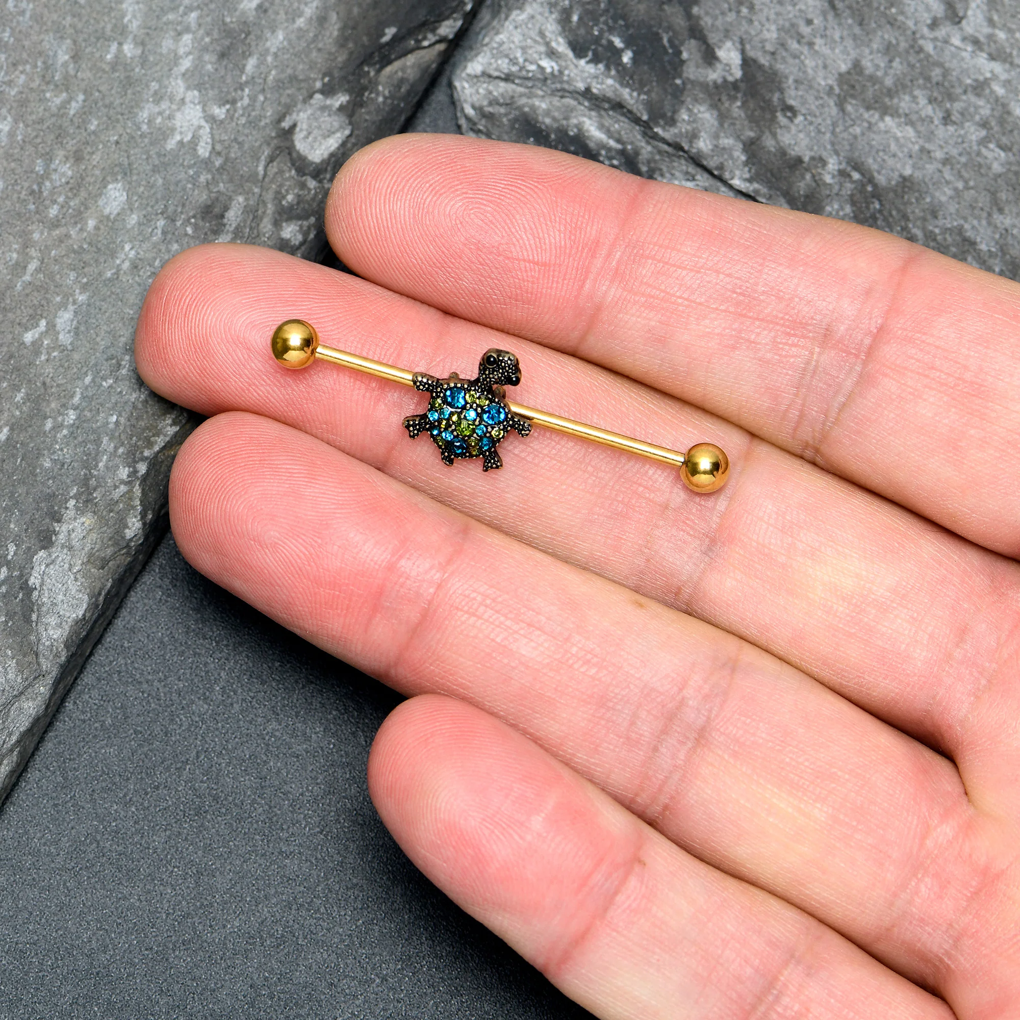 14G Blue Gem Gold Tone Sweet Sea Turtle Industrial Barbell 38mm - Image 3