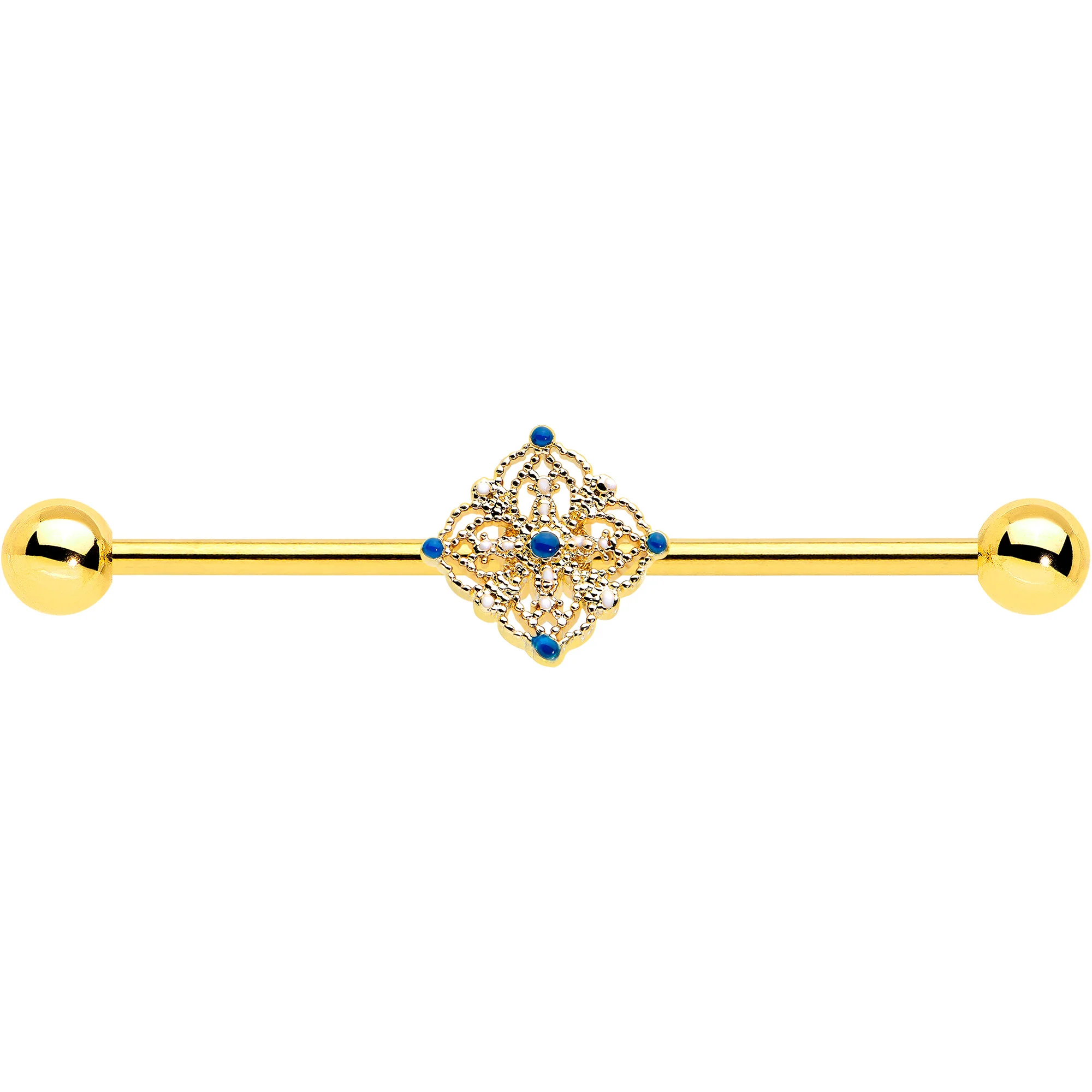 14G Blue Gem Gold Tone Texture Emblem Industrial Barbell 38mm - Image 2