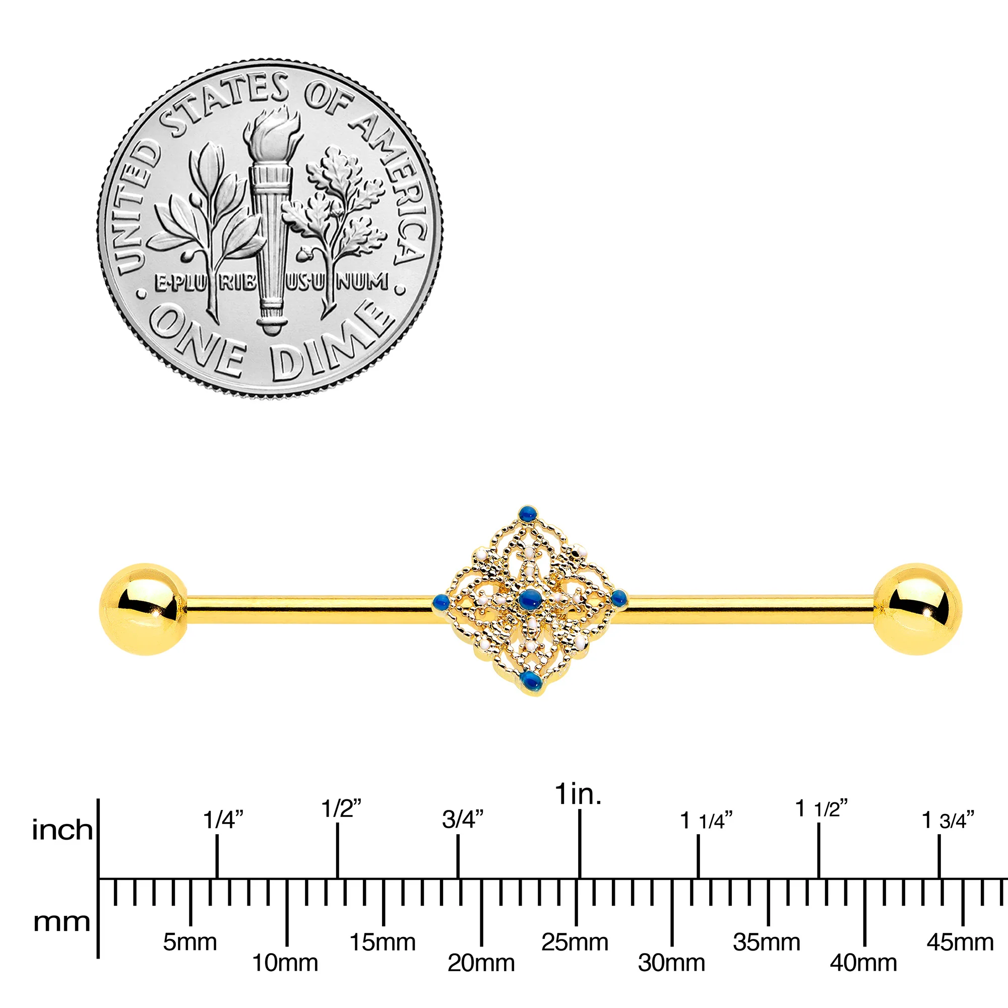 14G Blue Gem Gold Tone Texture Emblem Industrial Barbell 38mm - Image 3