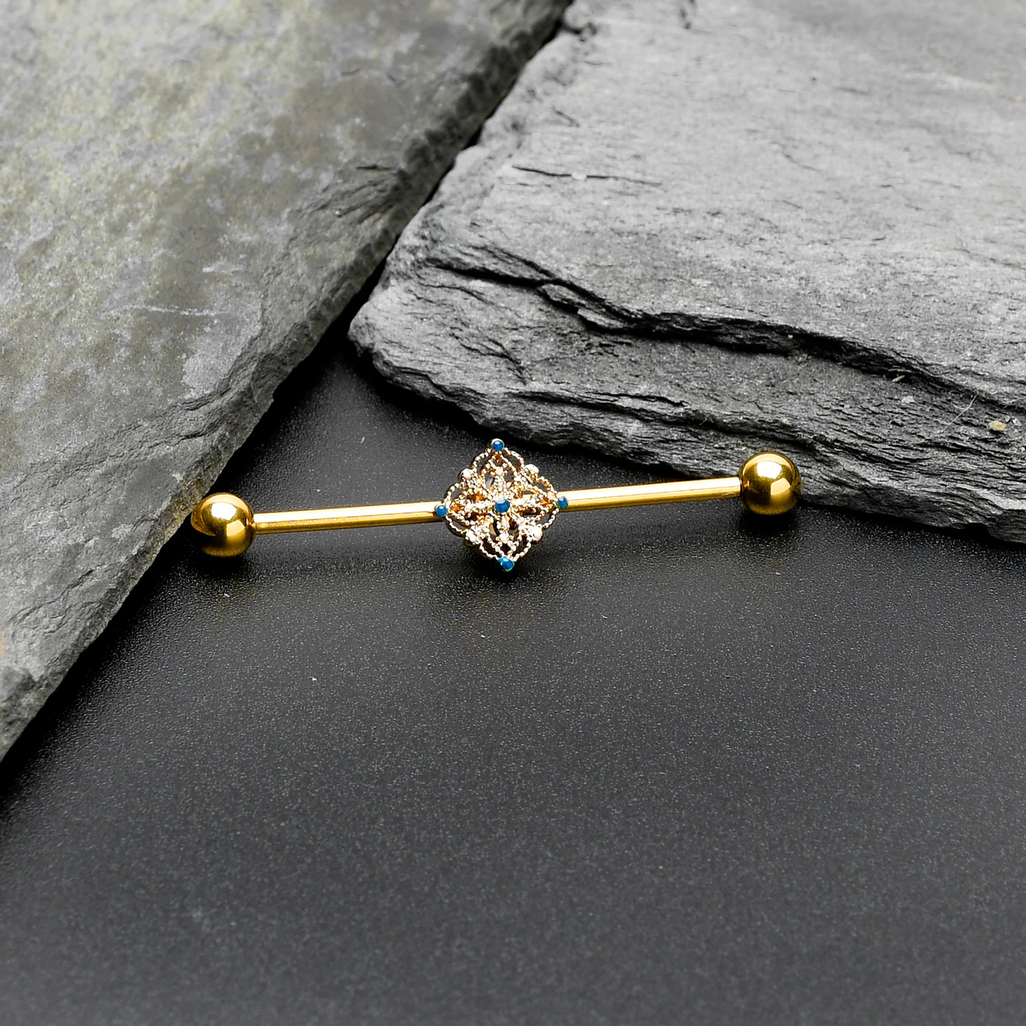 14G Blue Gem Gold Tone Texture Emblem Industrial Barbell 38mm - Image 4