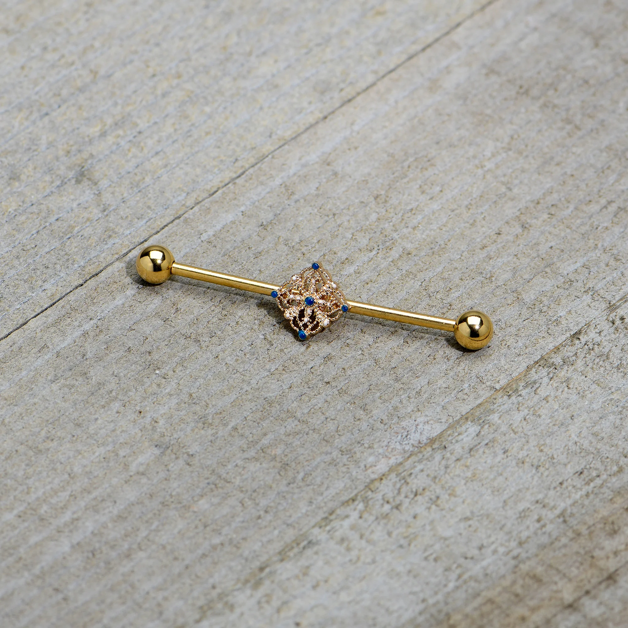 14G Blue Gem Gold Tone Texture Emblem Industrial Barbell 38mm - Image 5
