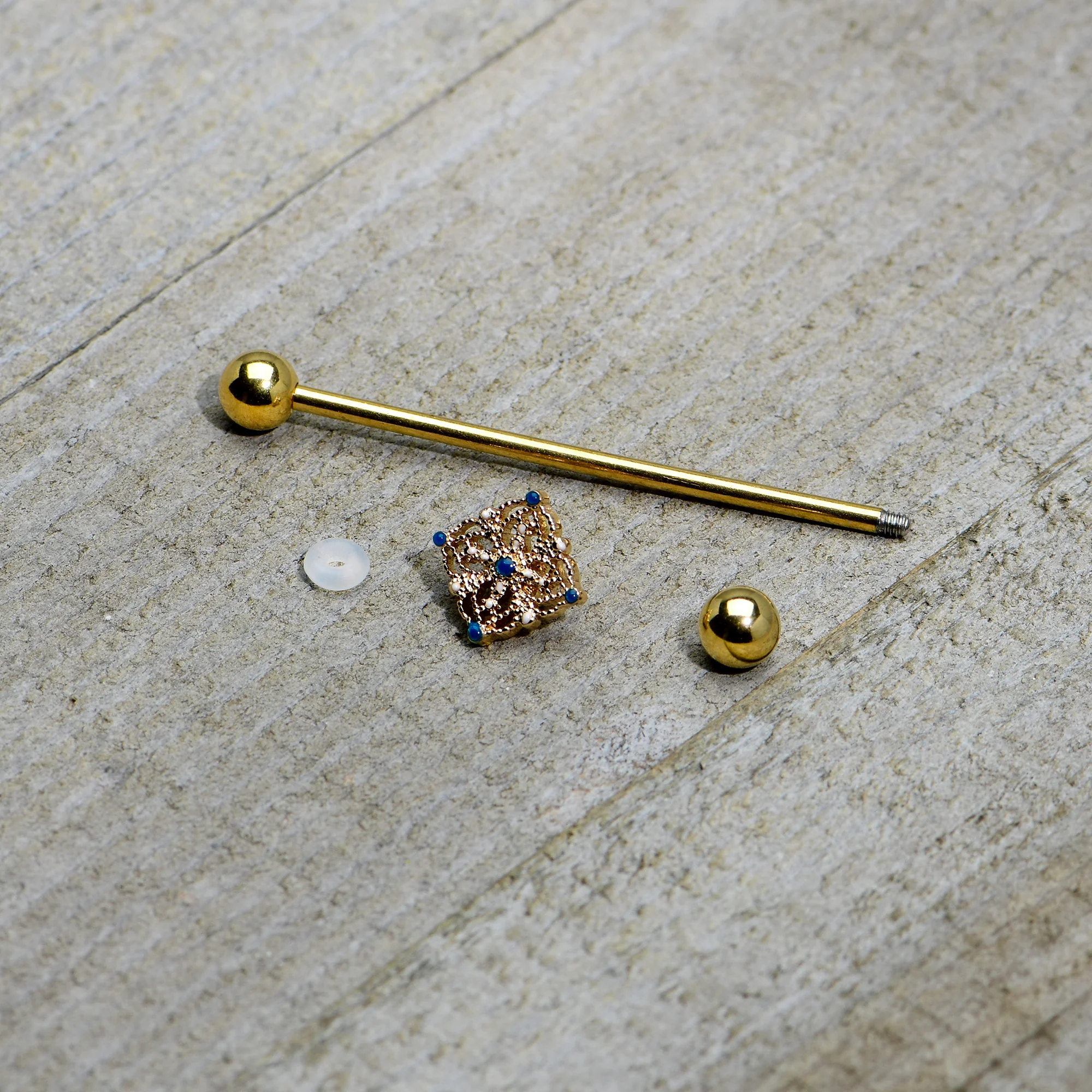 14G Blue Gem Gold Tone Texture Emblem Industrial Barbell 38mm - Image 6