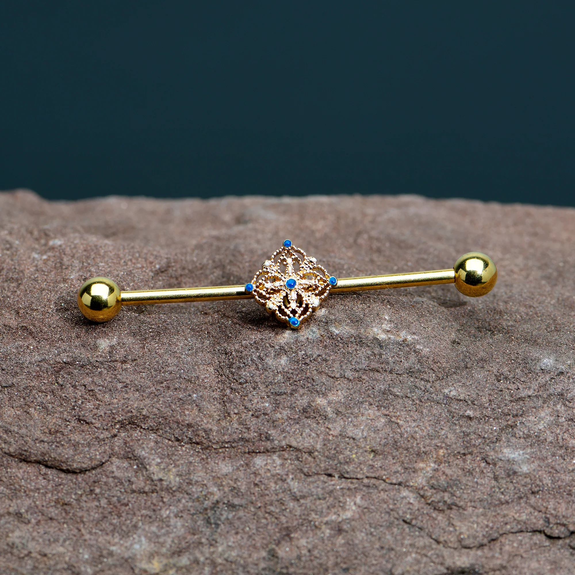 14G Blue Gem Gold Tone Texture Emblem Industrial Barbell 38mm - Image 7