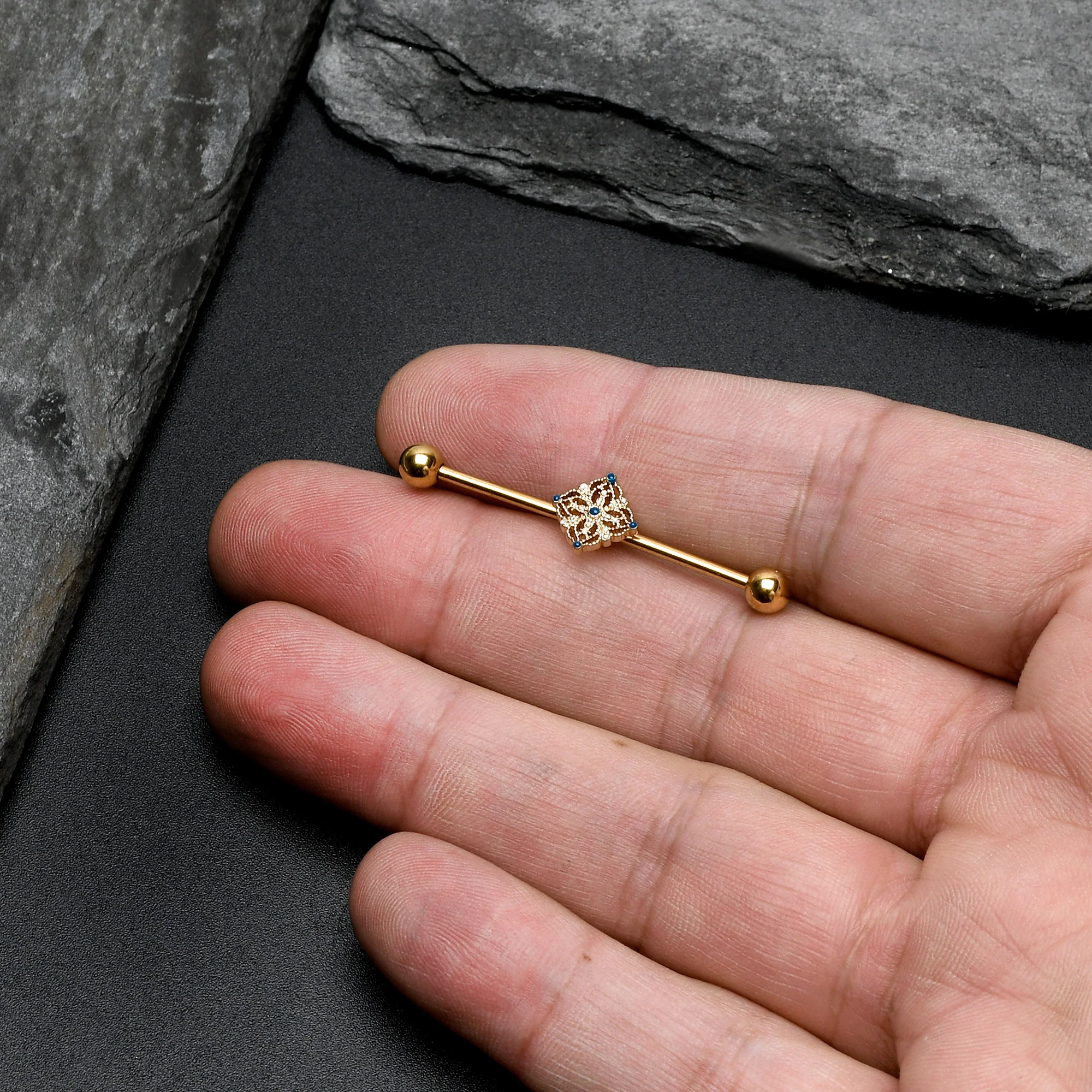 14G Blue Gem Gold Tone Texture Emblem Industrial Barbell 38mm - Image 8