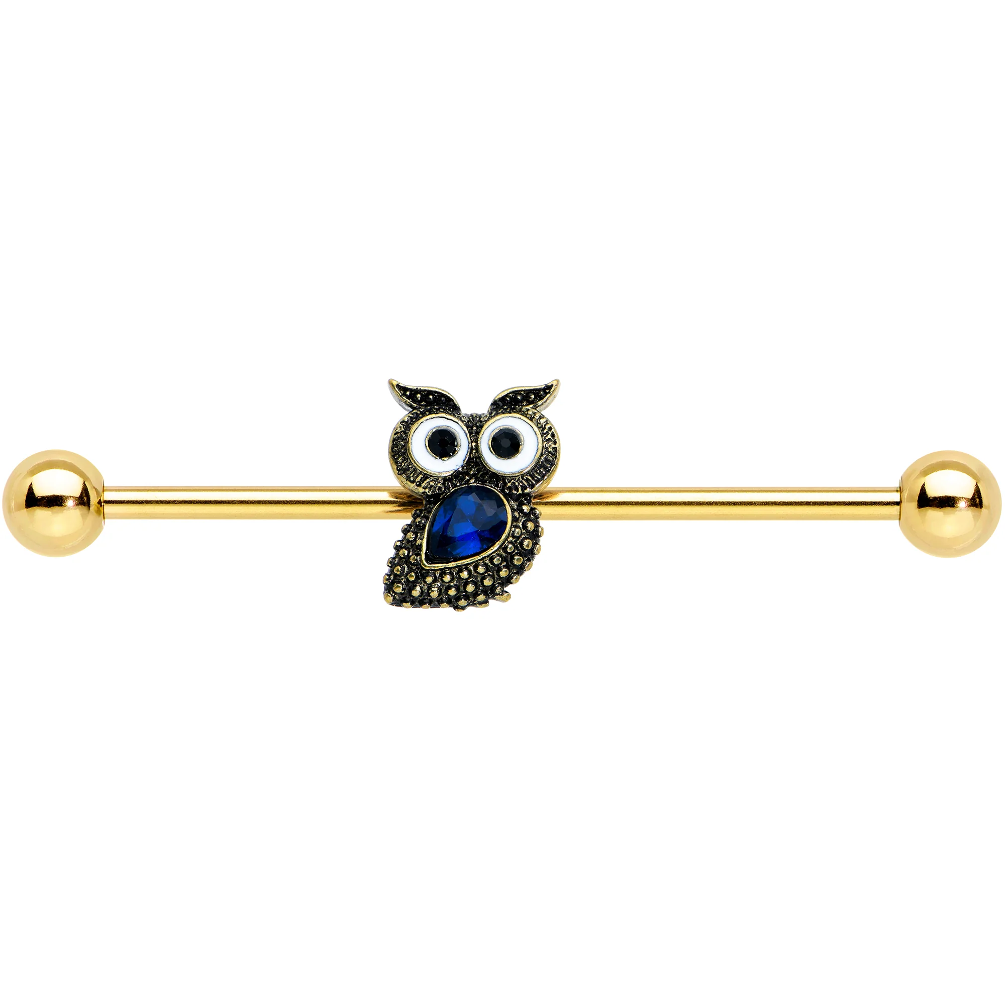 14G Blue Gem Gold Tone Wide Eyed Owl Industrial Barbell 38mm - Image 2