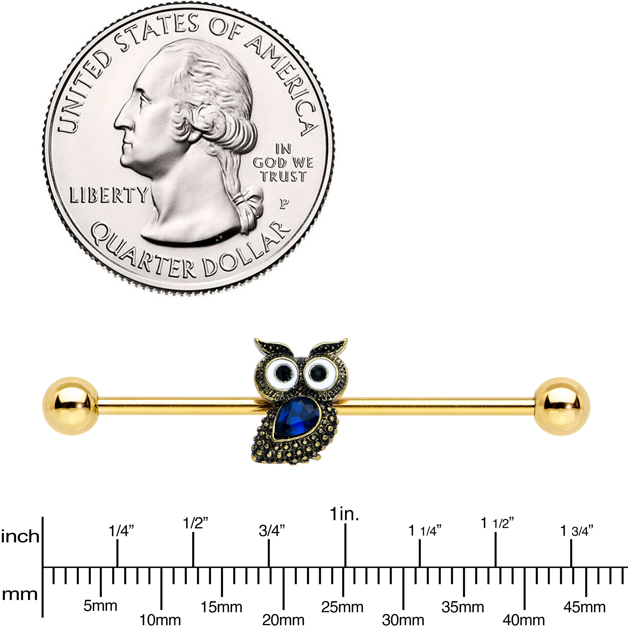 14G Blue Gem Gold Tone Wide Eyed Owl Industrial Barbell 38mm - Image 3