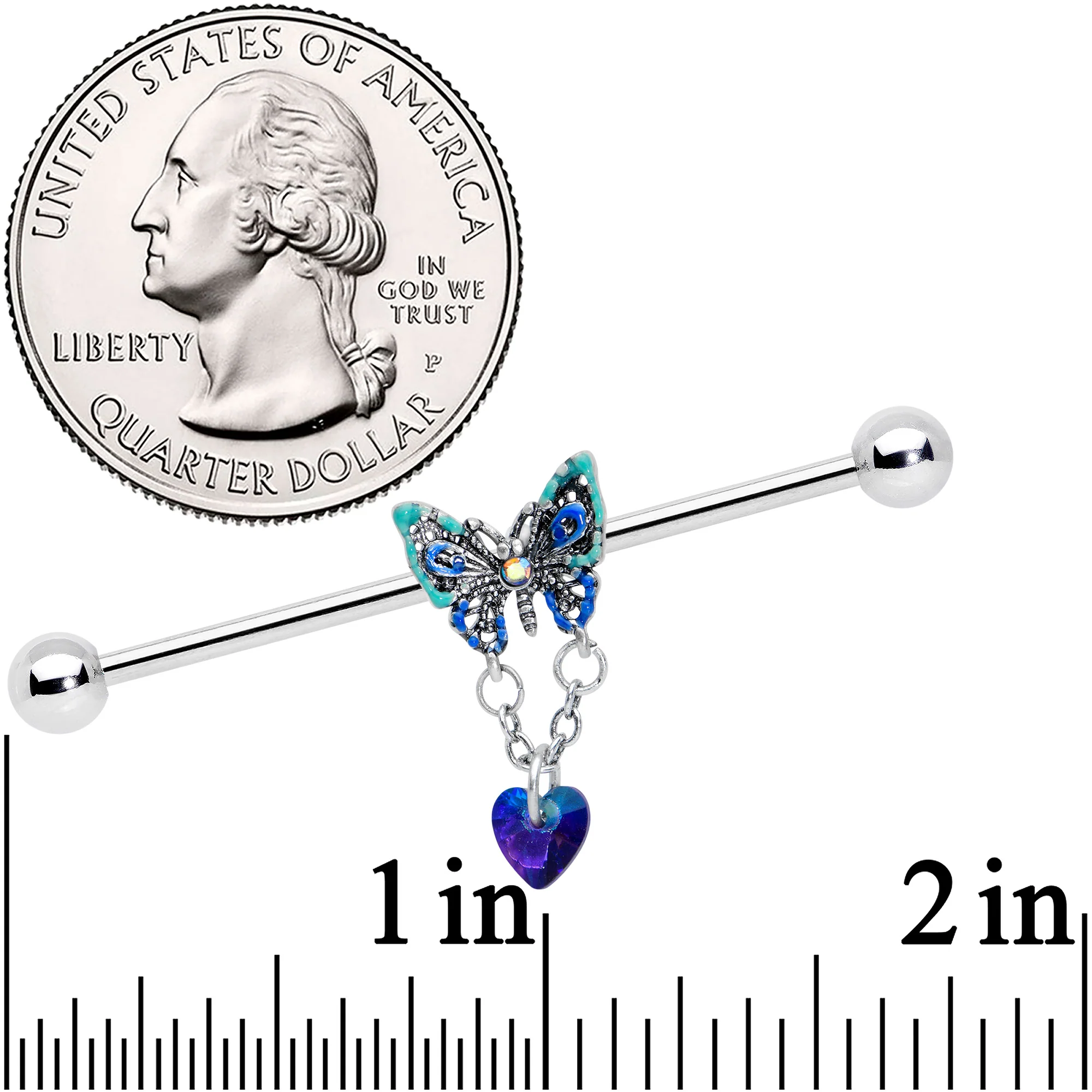 14G Blue Gem Heart Butterfly Dangle Industrial Barbell 38mm - Image 2