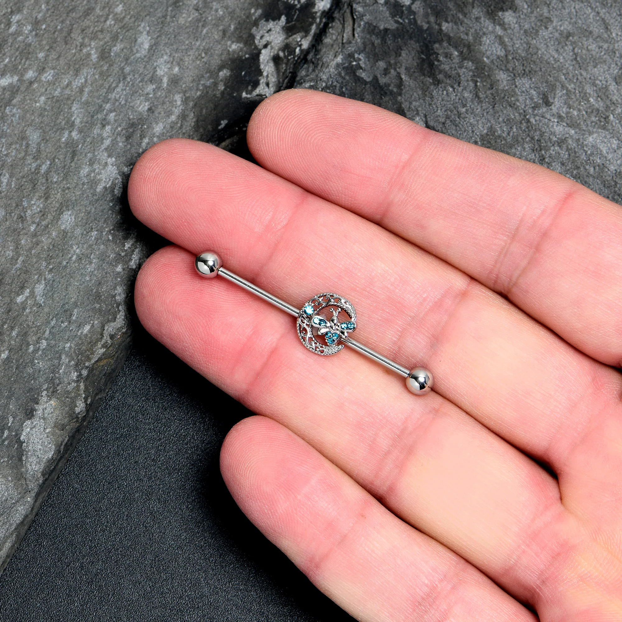 14G Blue Gem Lunar Dragonfly Industrial Barbell 38mm - Image 3