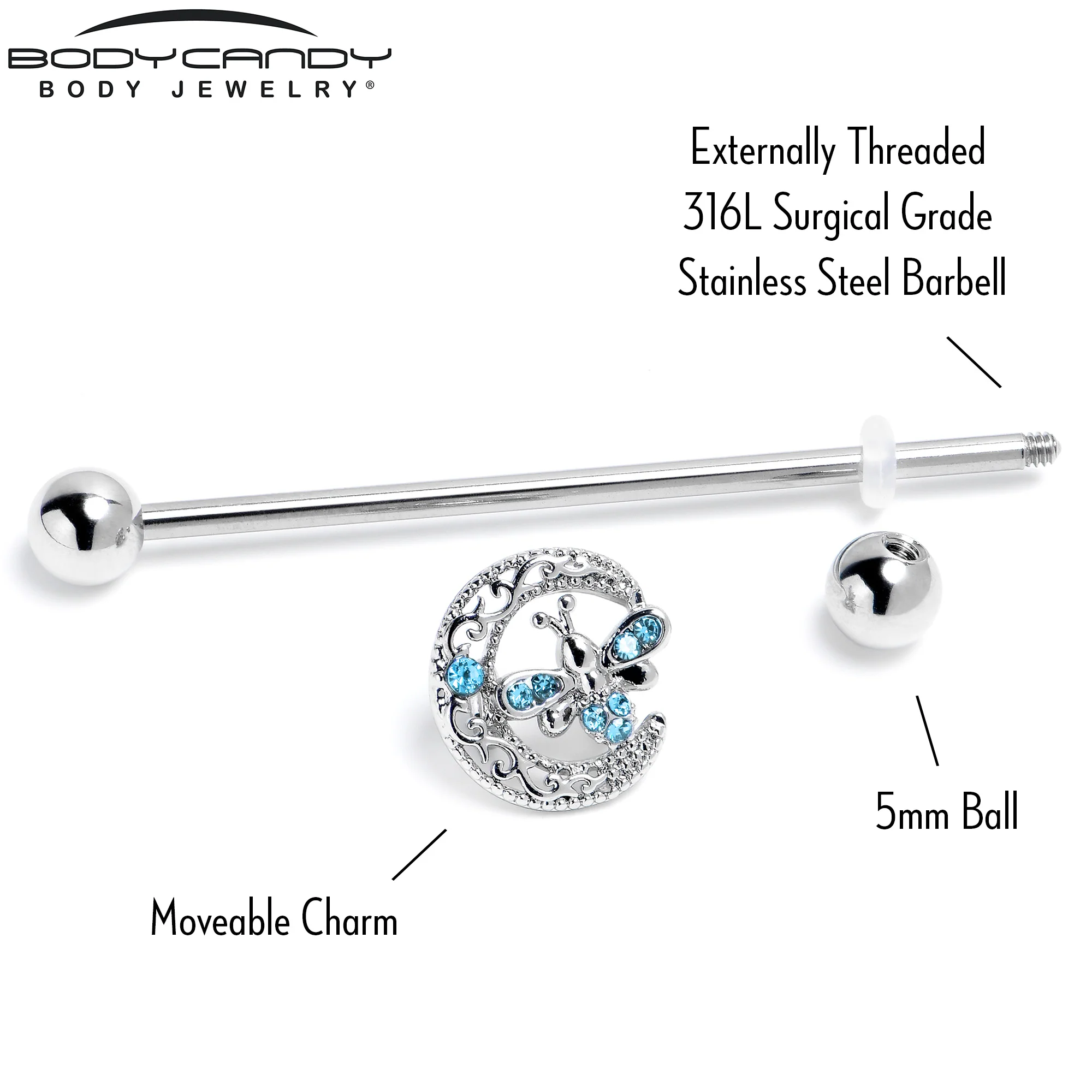 14G Blue Gem Lunar Dragonfly Industrial Barbell 38mm - Image 5