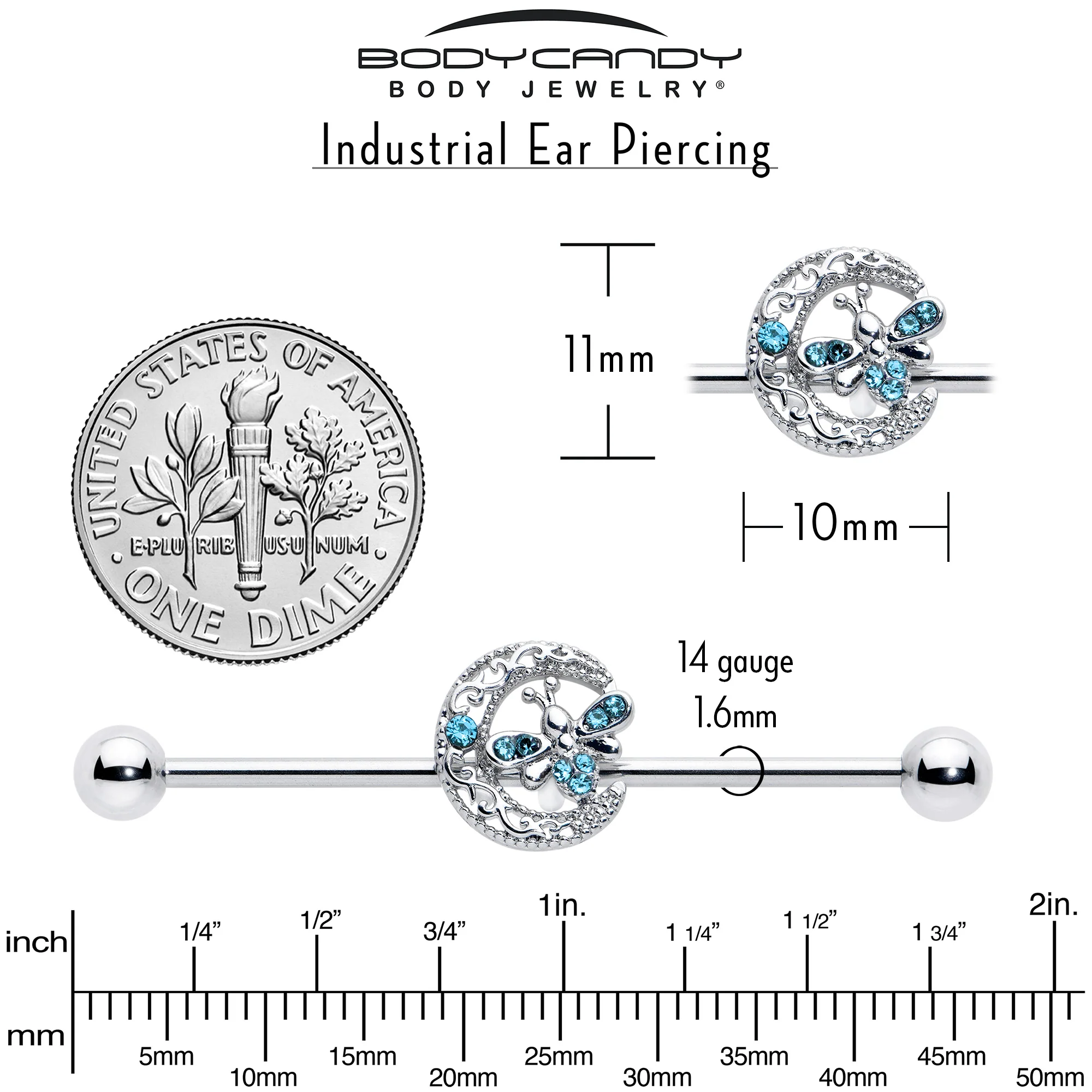14G Blue Gem Lunar Dragonfly Industrial Barbell 38mm - Image 6