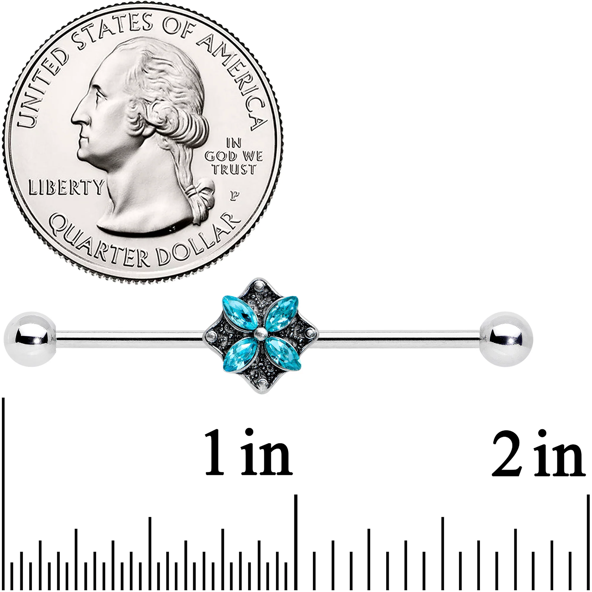 14G Blue Gem Rhombus Flower Industrial Barbell 38mm - Image 2
