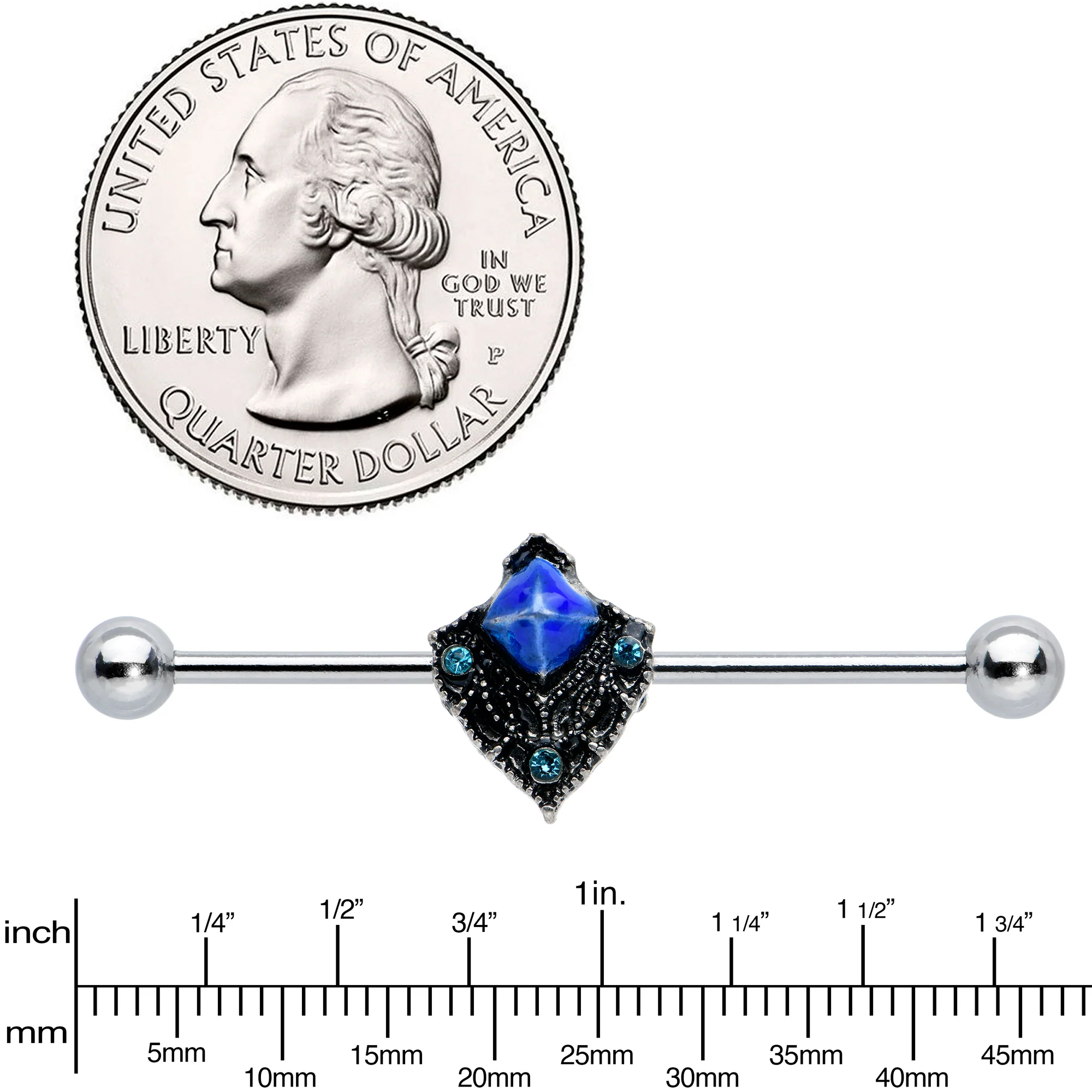 14G Blue Gem Rococo Blues Elegant Industrial Barbell 38mm - Image 3