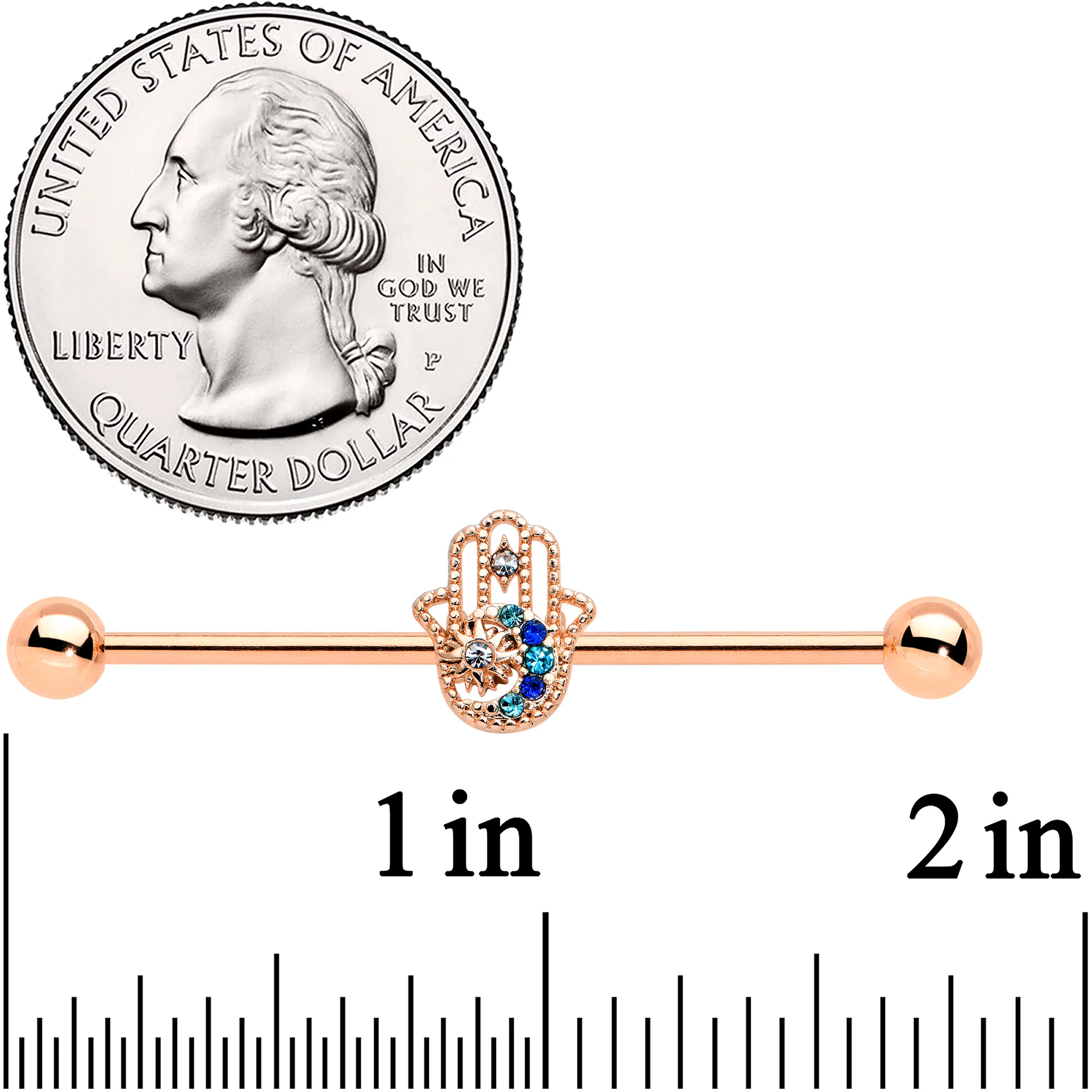 14G Blue Gem Rose Gold Hue Texture Hamsa Industrial Barbell 38mm - Image 2