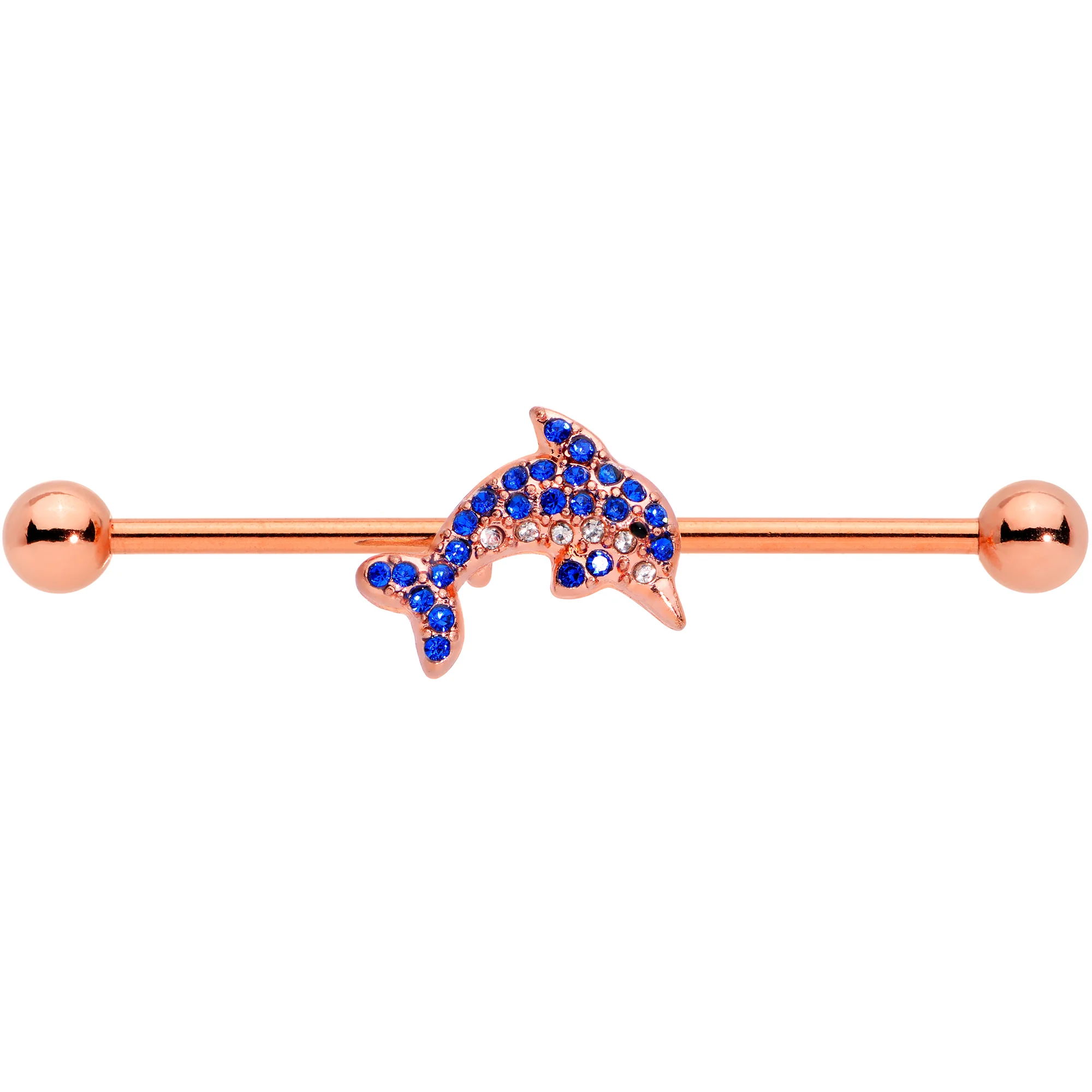 14G Blue Gem Rose Gold Tone Dolphin Industrial Barbell 38mm - Image 2
