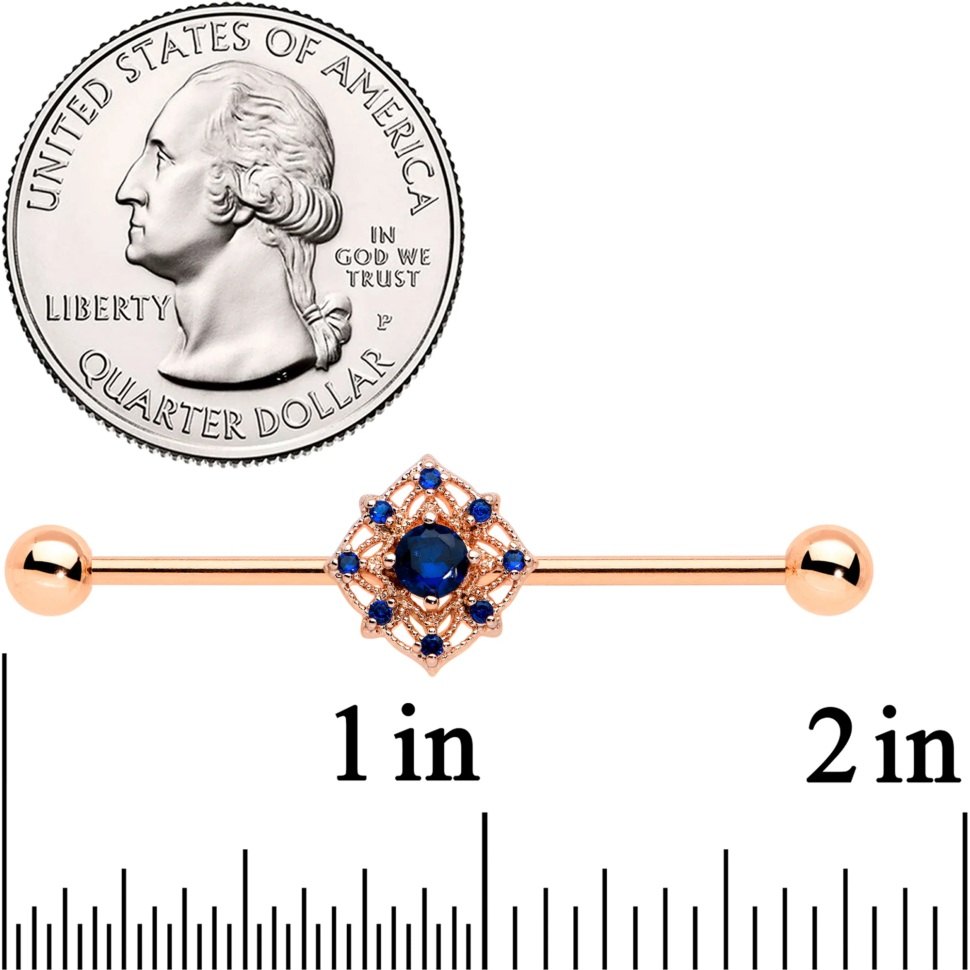 14G Blue Gem Rose Gold Tone Wicked Web Industrial Barbell 38mm - Image 2