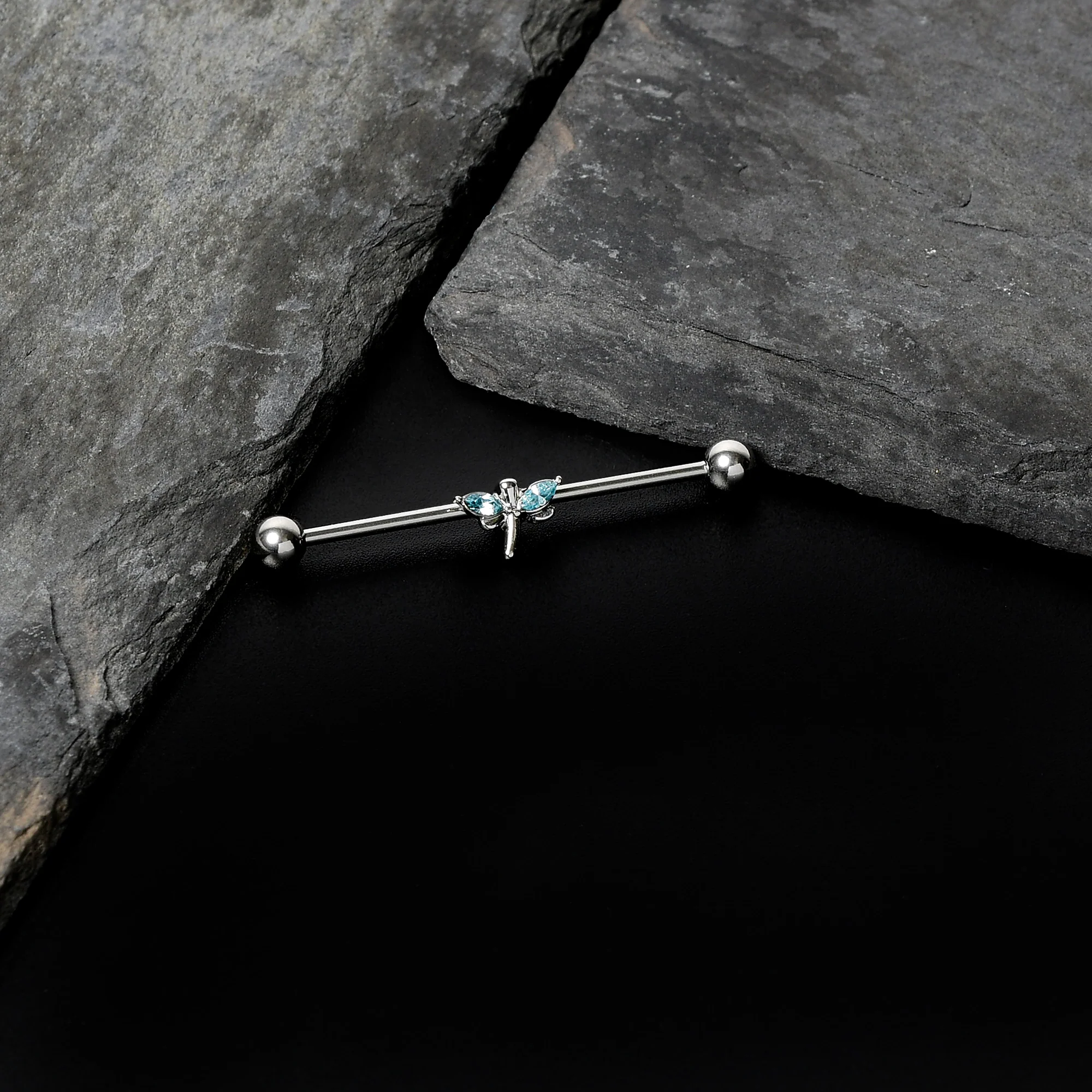 14G Blue Gem Simple Stylized Dragonfly Industrial Barbell 38mm - Image 6