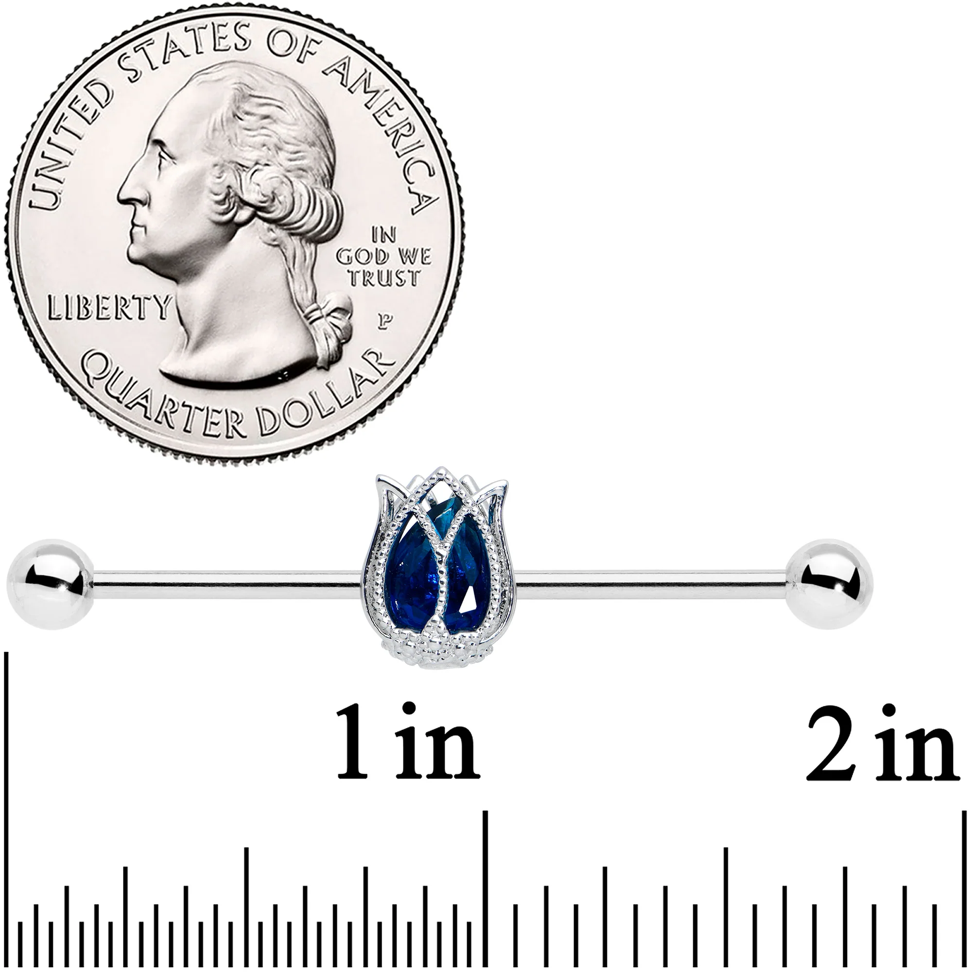 14G Blue Gem Tulip Flower Industrial Barbell 38mm - Image 2