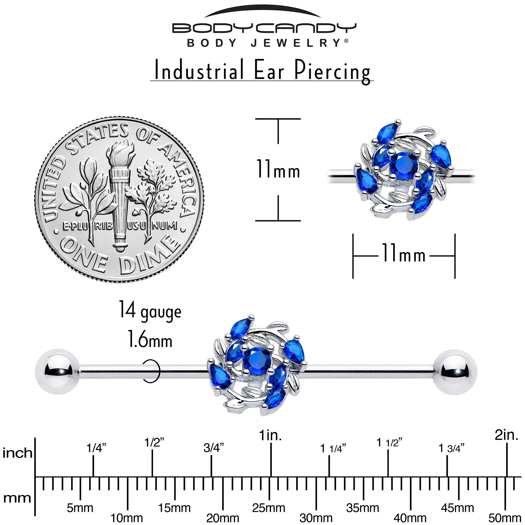 14G Blue Gem Twining Vine Industrial Barbell 38mm - Image 5