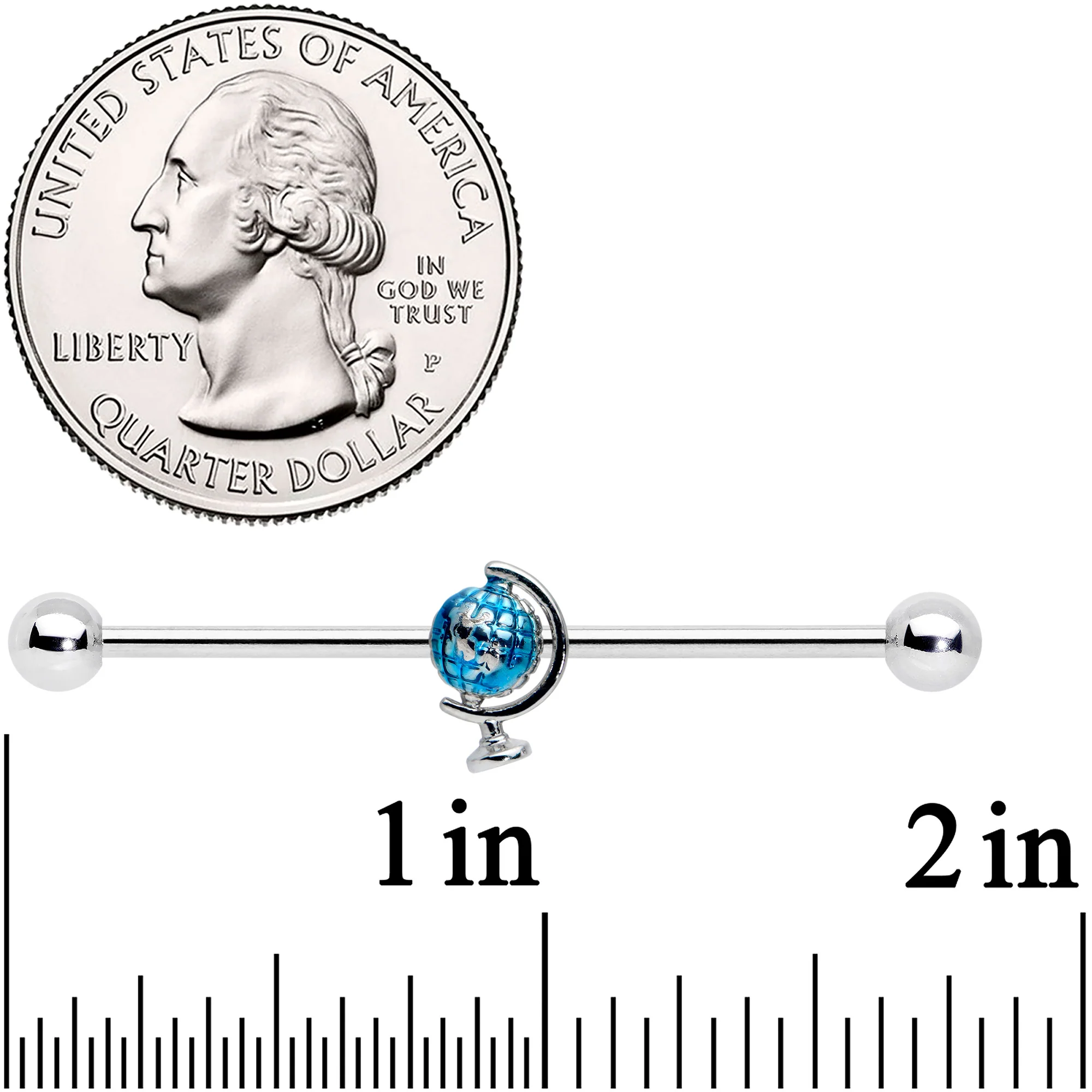 14G Blue Globe Planet Earth Industrial Barbell 38mm - Image 2