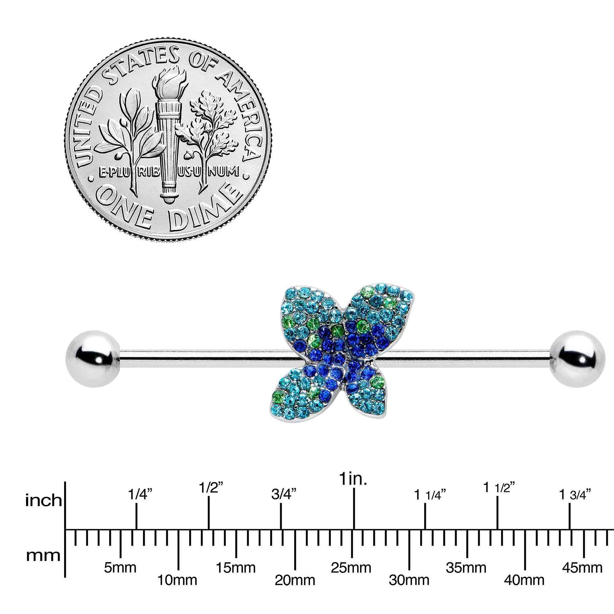 14G Blue Green Gem Glam Butterfly Industrial Barbell 38mm - Image 3