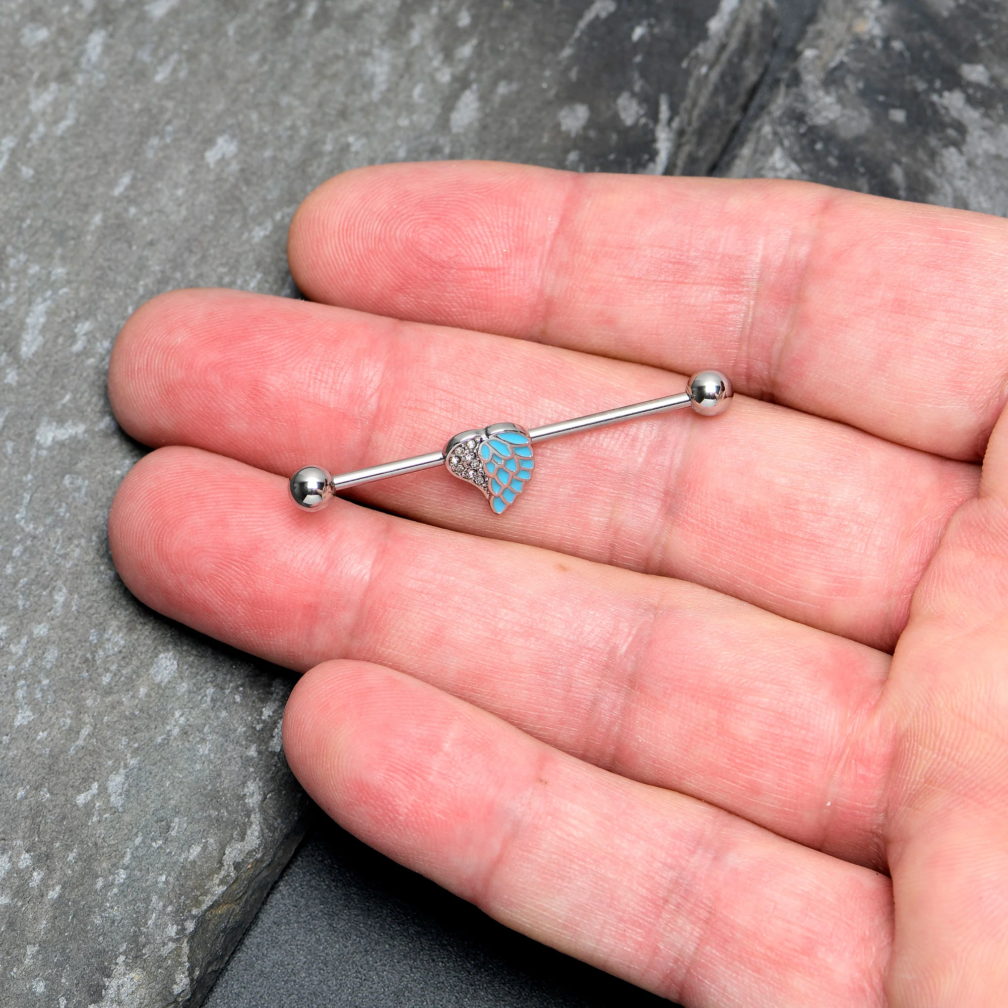 14G Blue Heavenly Heart Angel Wings Industrial Barbell 38mm - Image 3