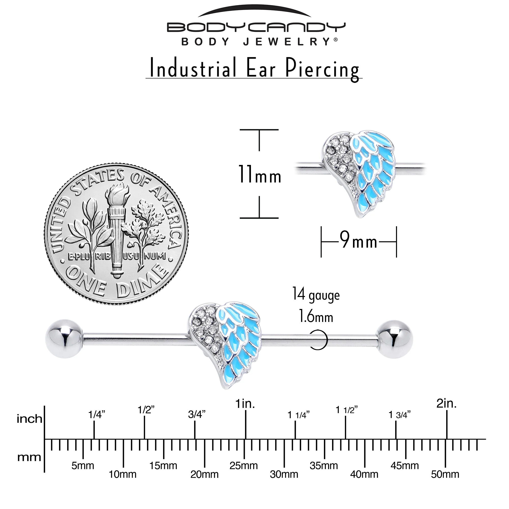 14G Blue Heavenly Heart Angel Wings Industrial Barbell 38mm - Image 4