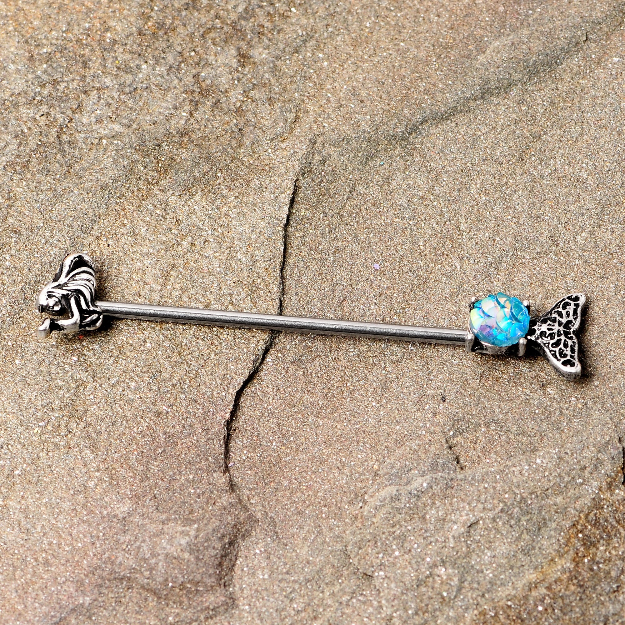 14G Blue Mermaid Scale Tail Industrial Barbell 38mm - Image 2