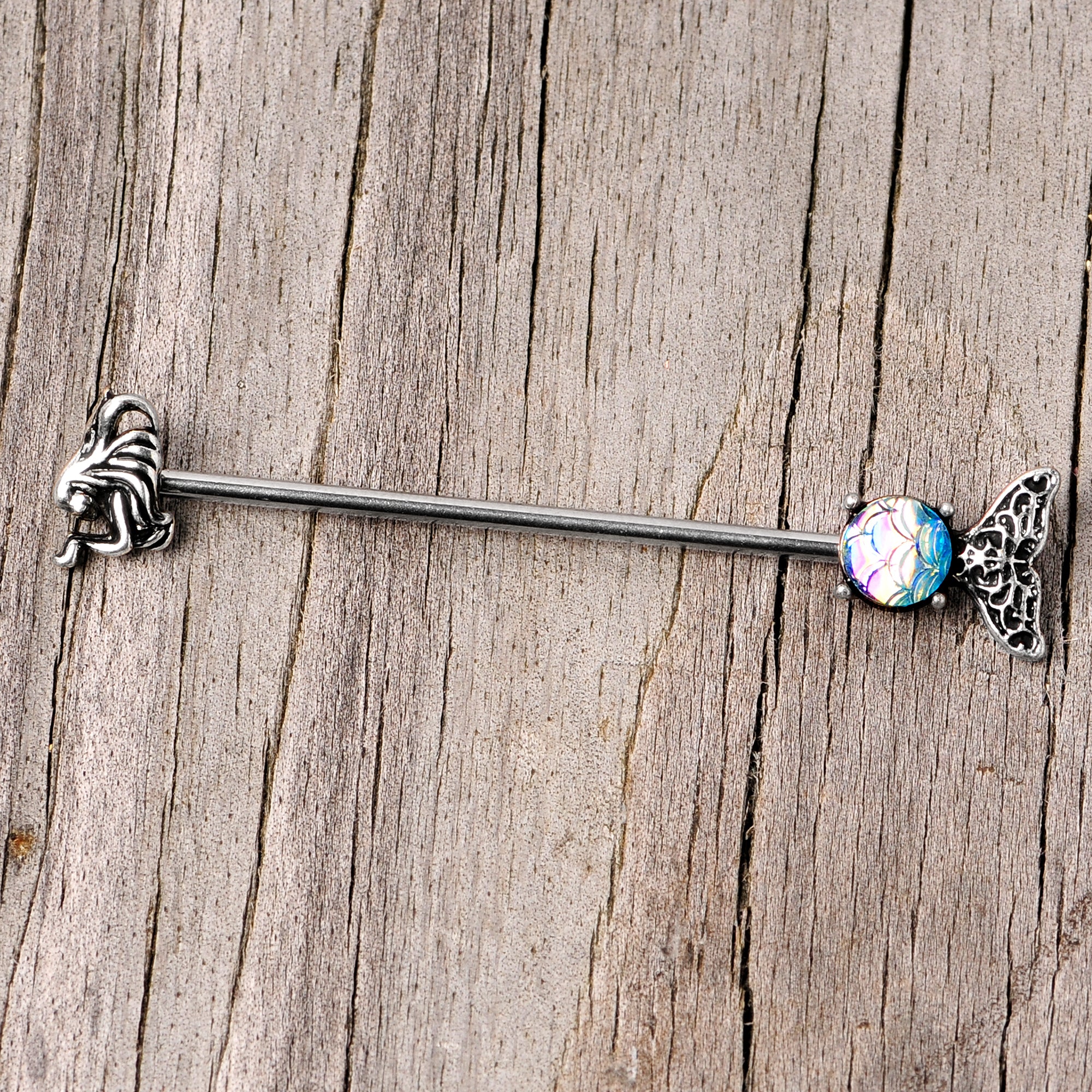14G Blue Mermaid Scale Tail Industrial Barbell 38mm - Image 3