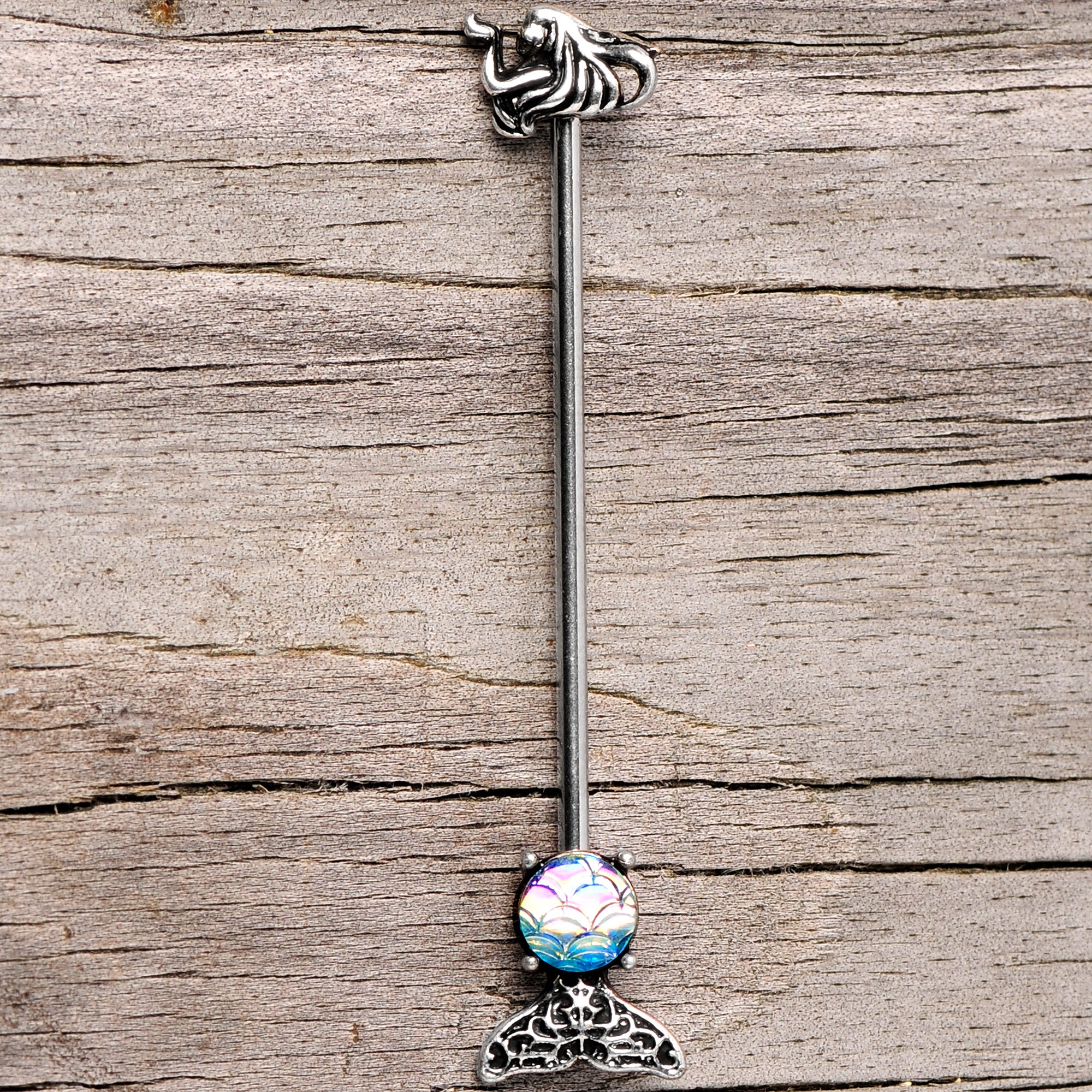 14G Blue Mermaid Scale Tail Industrial Barbell 38mm - Image 5