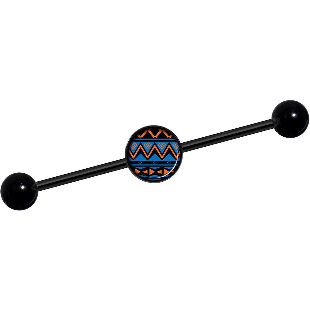 14G Blue Orange Tribal Print Black Industrial Barbell 37mm - Image 2
