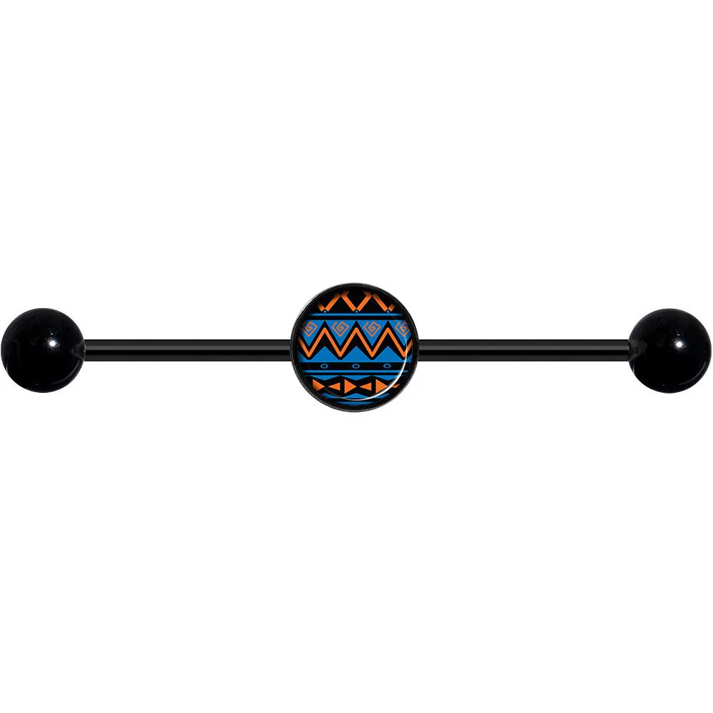 14G Blue Orange Tribal Print Black Industrial Barbell 37mm - Image 4