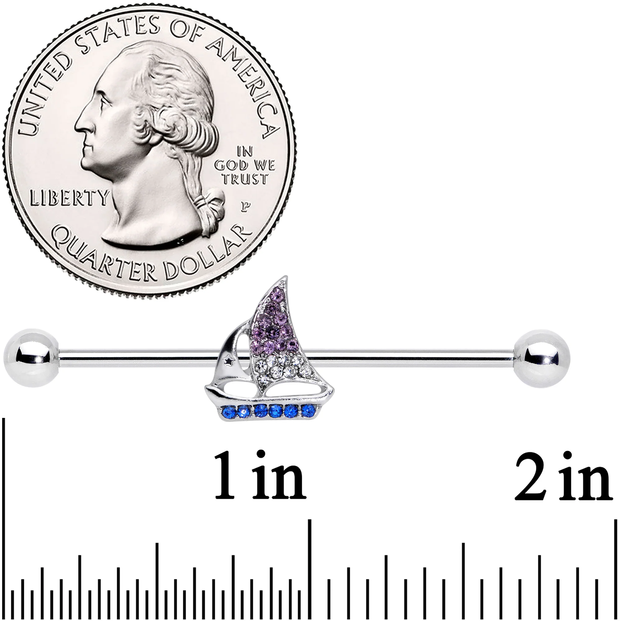 14G Blue Purple Clear Gem Sailboat Industrial Barbell 38mm - Image 2