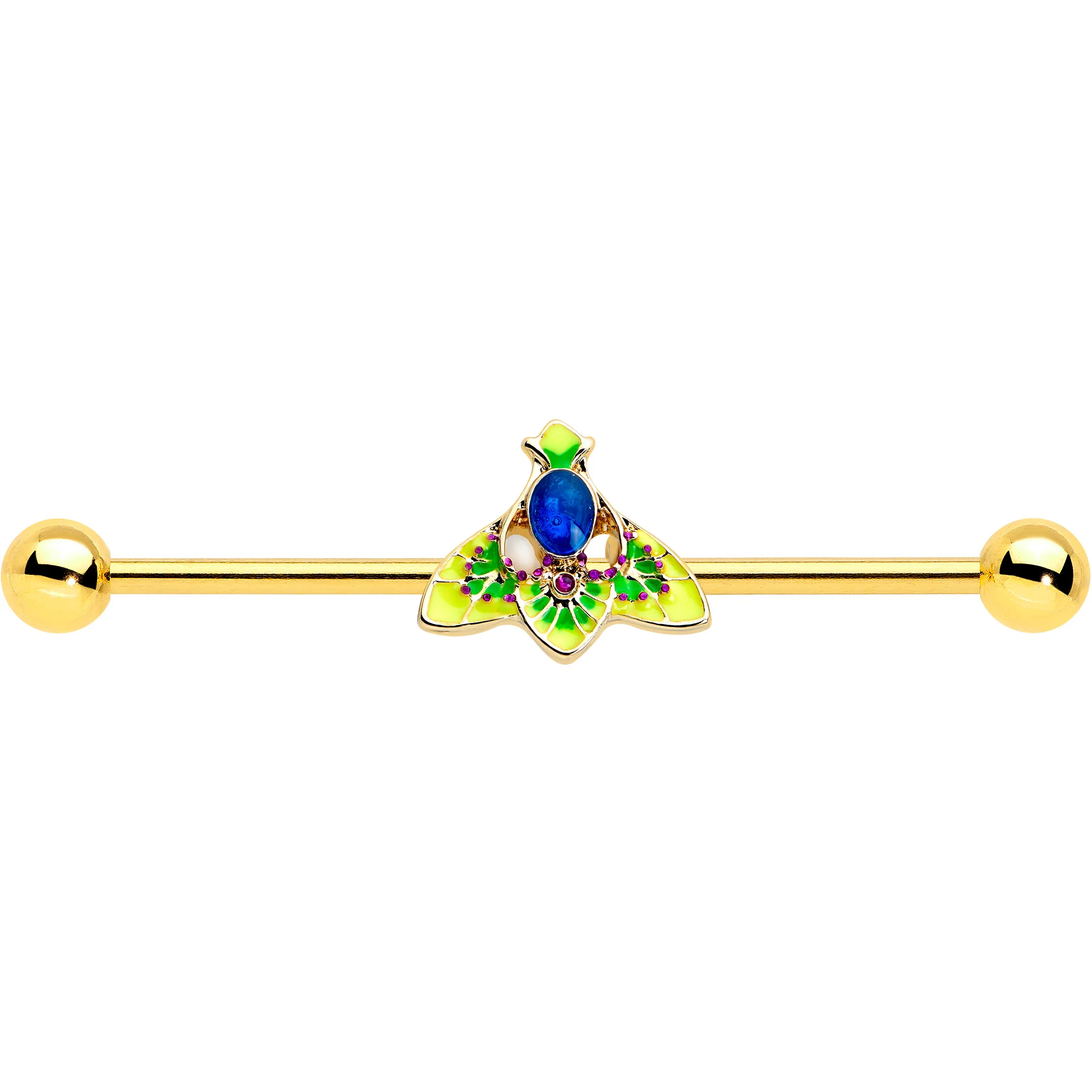 14G Blue Purple Gem Gold Tone Tropic Fan Industrial Barbell 38mm - Image 2