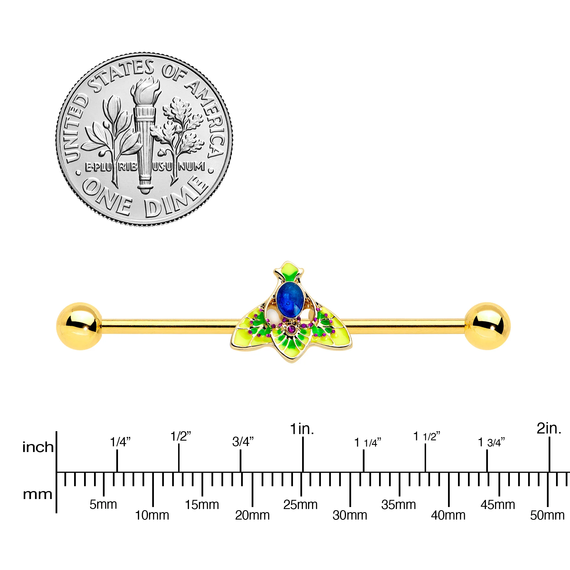 14G Blue Purple Gem Gold Tone Tropic Fan Industrial Barbell 38mm - Image 3