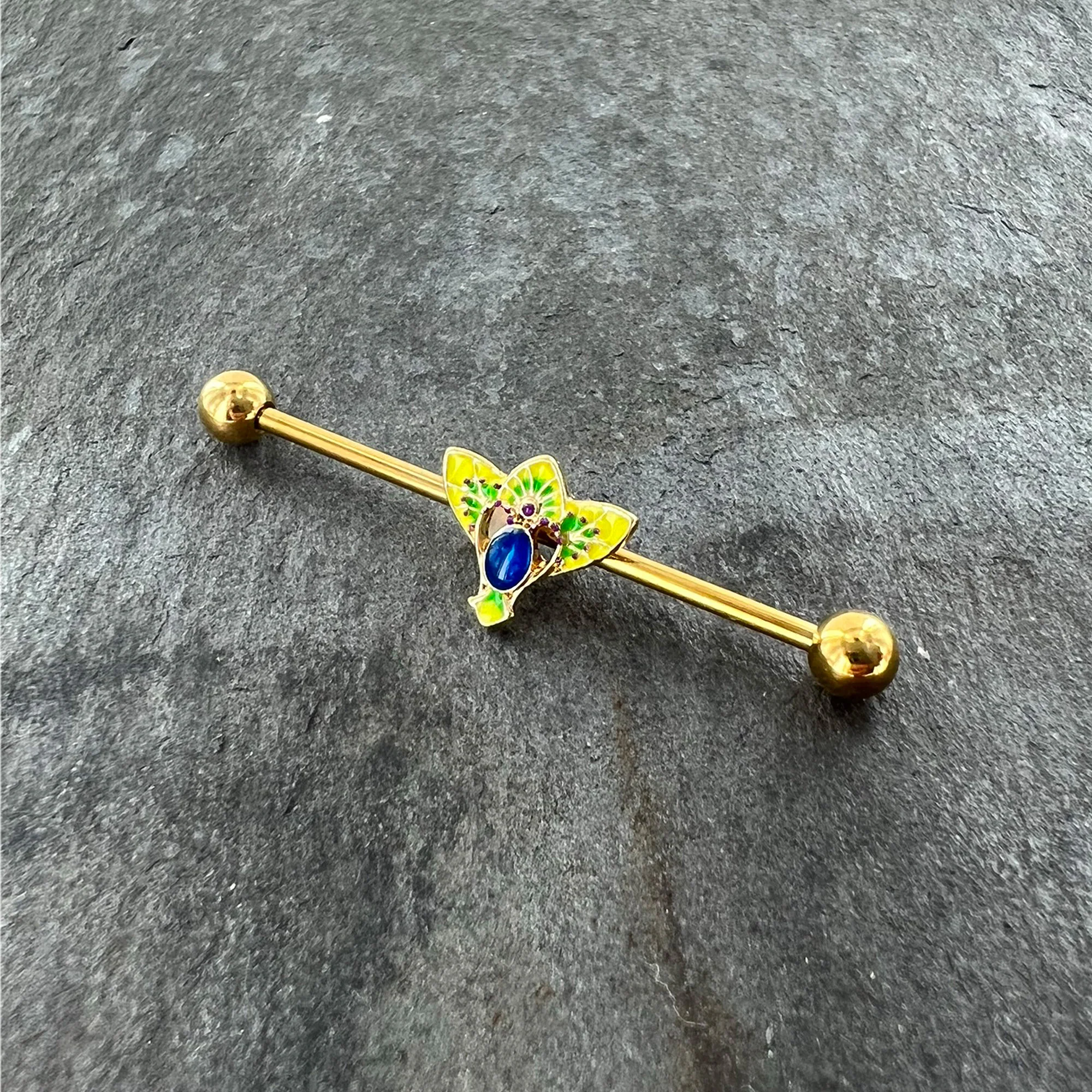 14G Blue Purple Gem Gold Tone Tropic Fan Industrial Barbell 38mm - Image 4